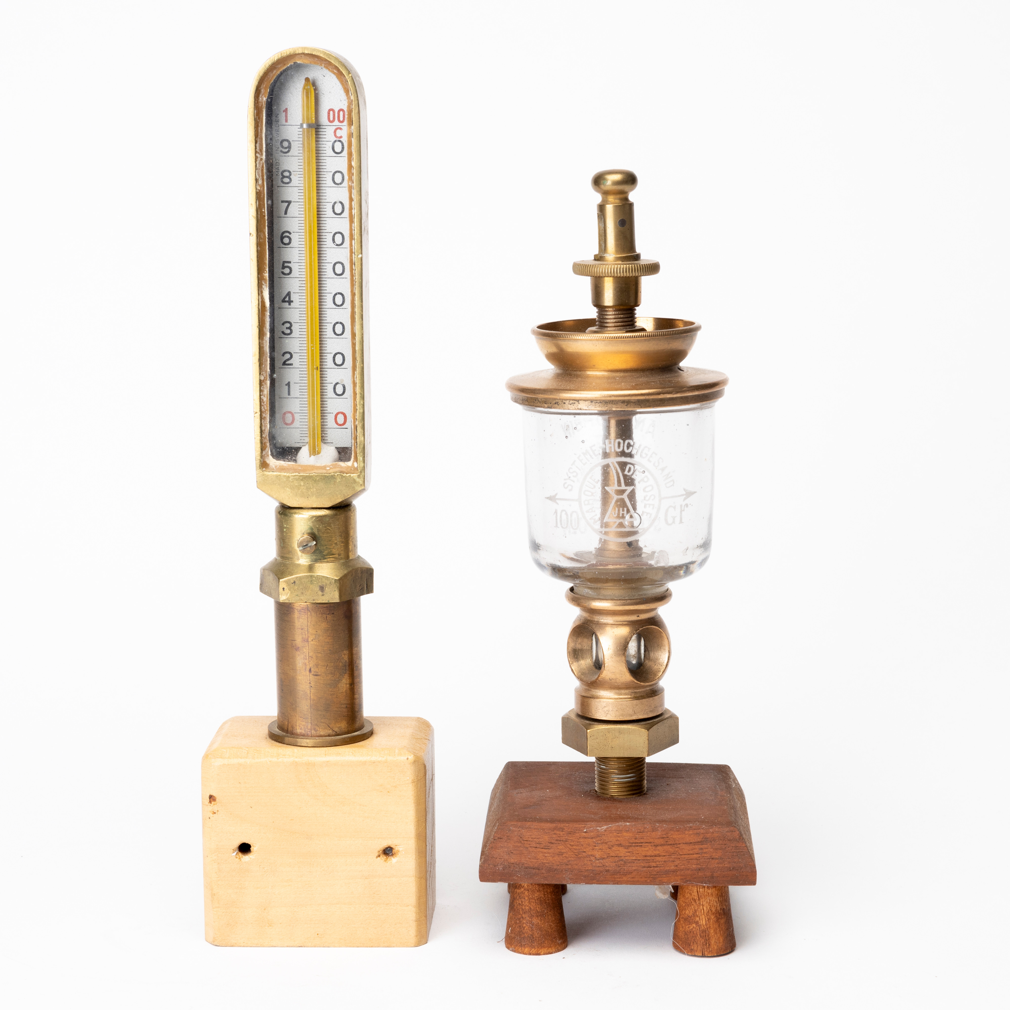 DROPPSMÖRJARE samt TERMOMETER, mässing och glas, 1900-ta.