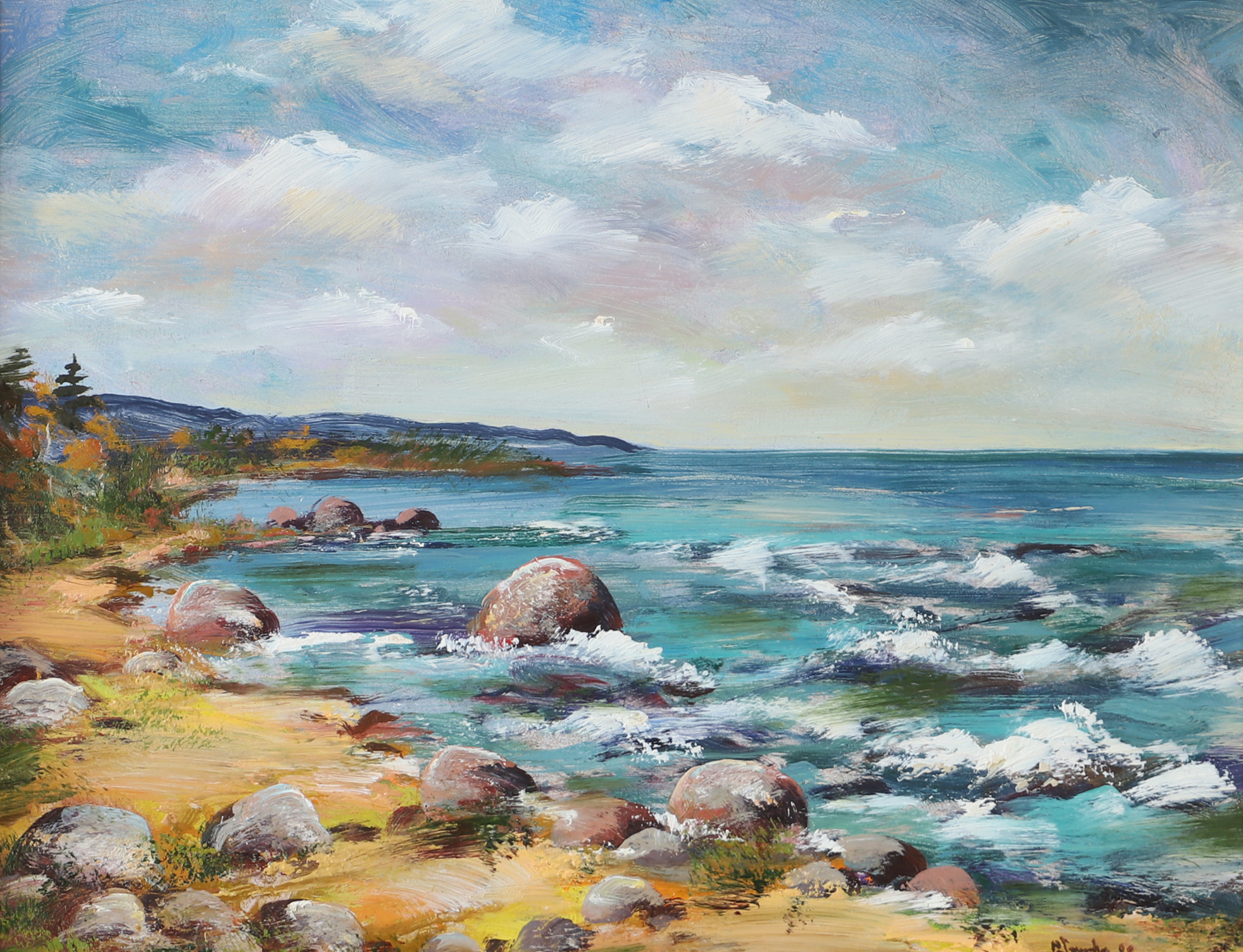 OIDENTIFIERAD KONSTNÄR. Kustparti, olja på pannå, otydligt signerad.