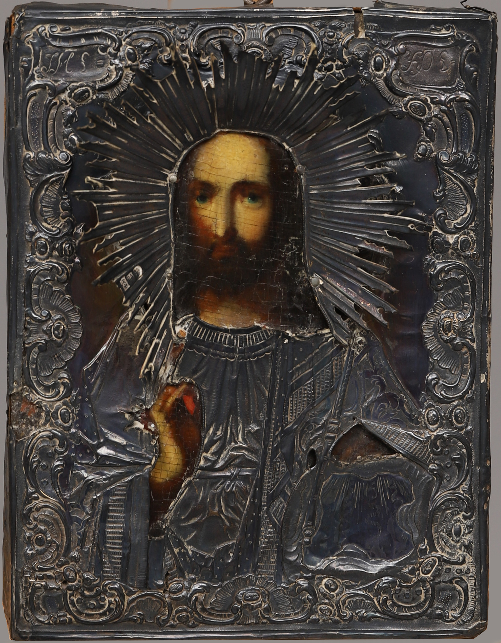 IKON, med silverrizza, icke identifierad mästarstämpel, St Petersburg 1855. Ryssland.