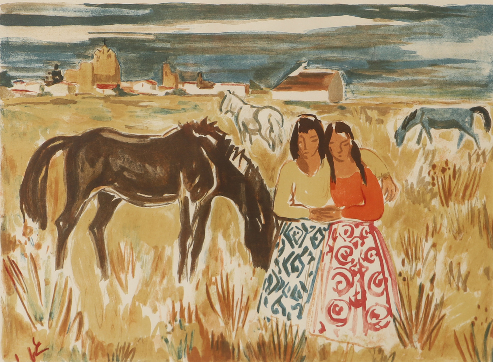 YVES BRAYER. Flickor och hästar, färglitografi, signerad.