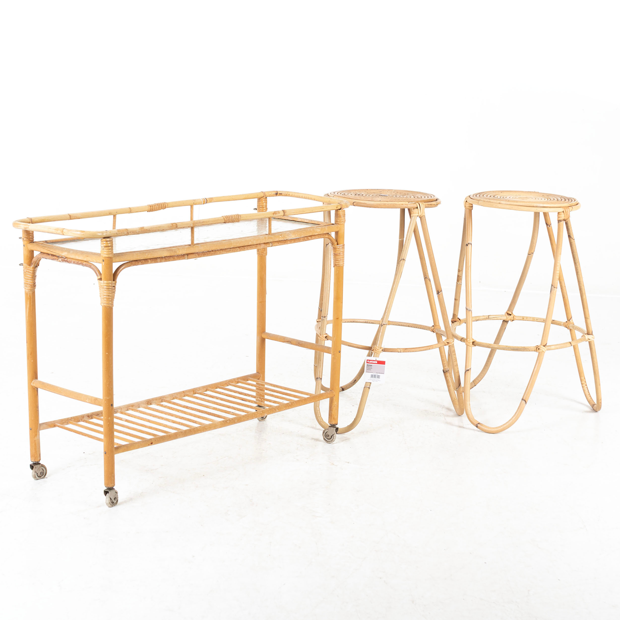 BLOMBORD & PIEDESTALER, 3 delar, rotting & bambu.