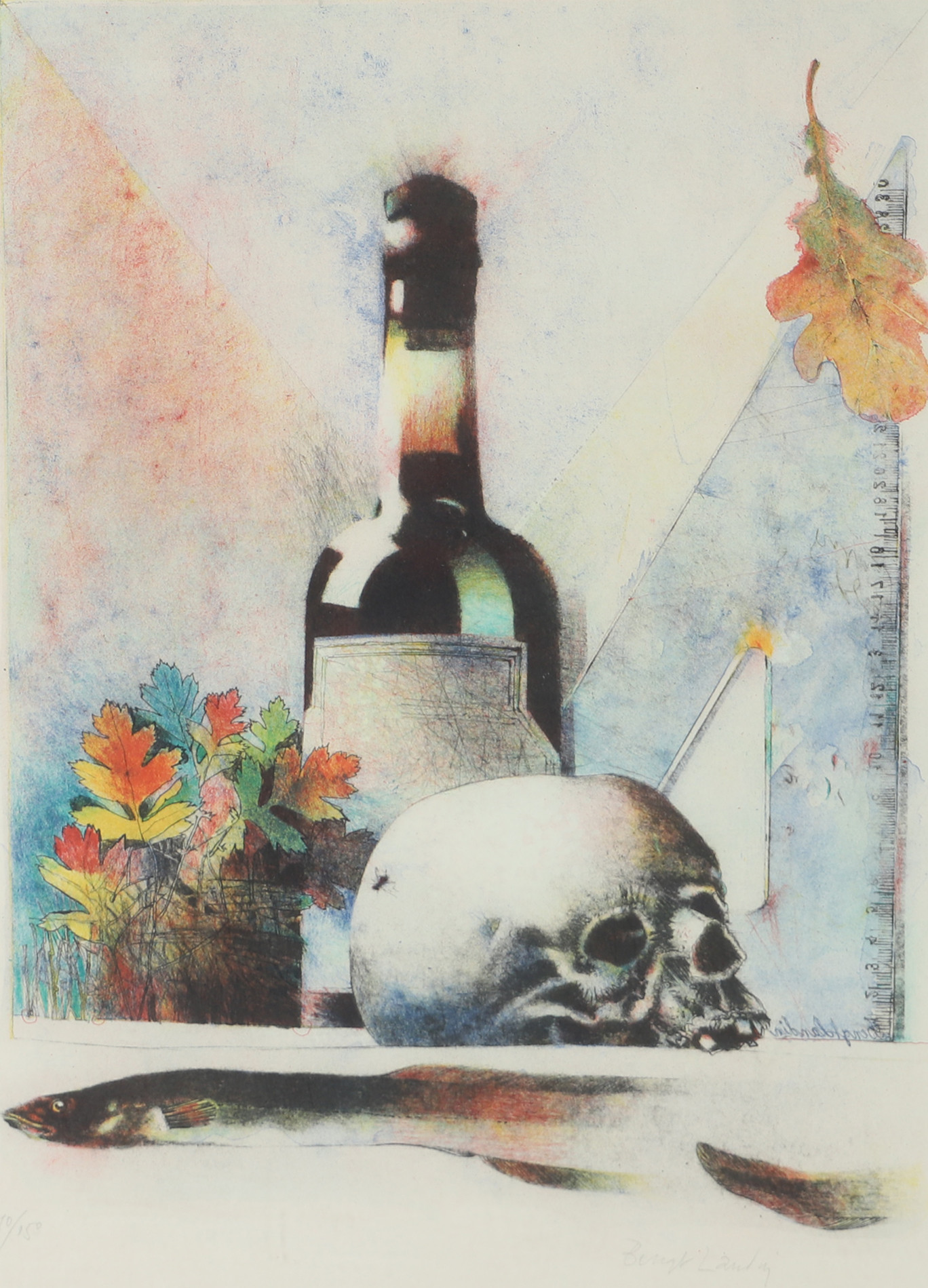 BENGT LANDIN. Stilleben med flaska, färglitografi, signerad.