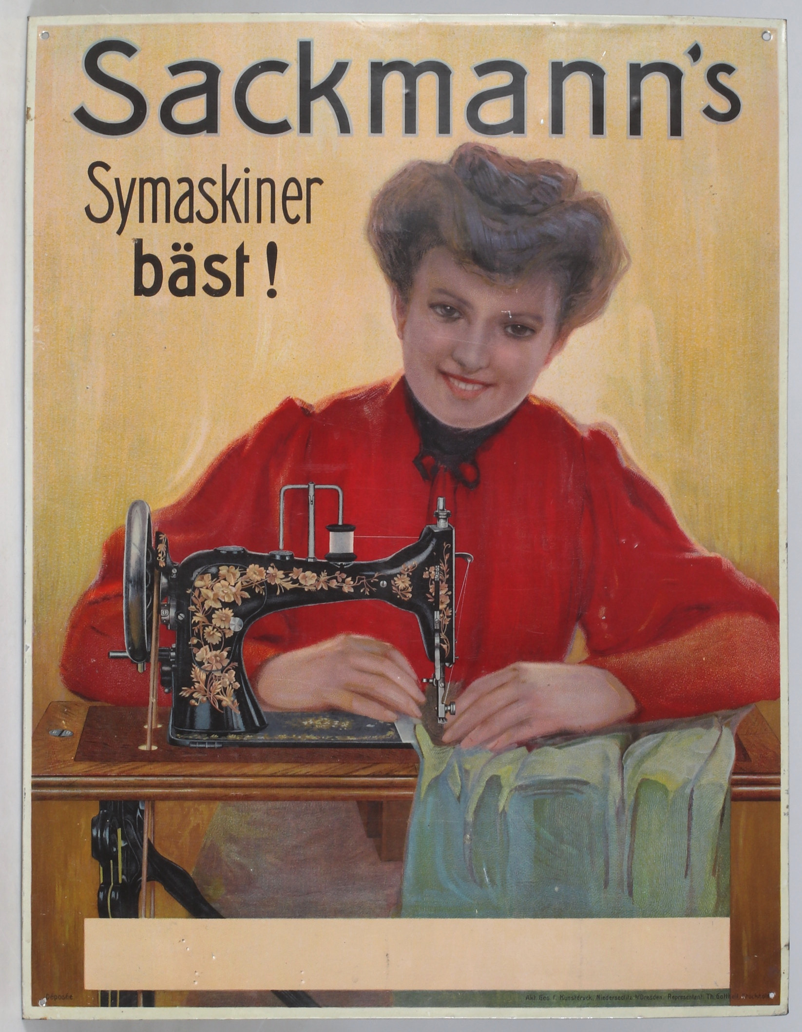 REKLAMSKYLT, tryck på plåt, "Sackmann's Symaskiner bäst!", Niederseidlitz Dresden, Tyskland. 1900-talets första del.