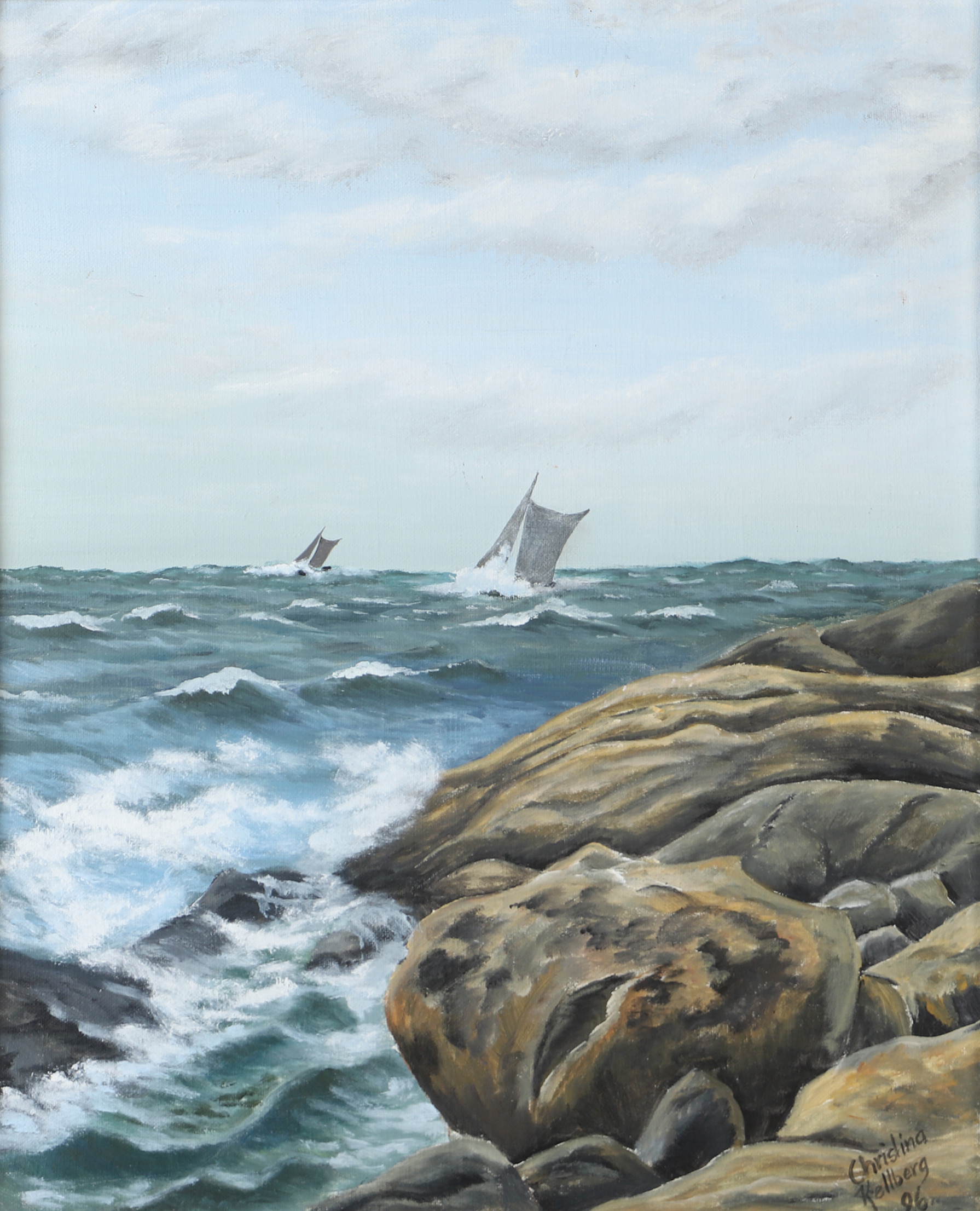 CHRISTINA KELLBERG. Kustparti med segelbåtar, olja på duk, signerad -86.