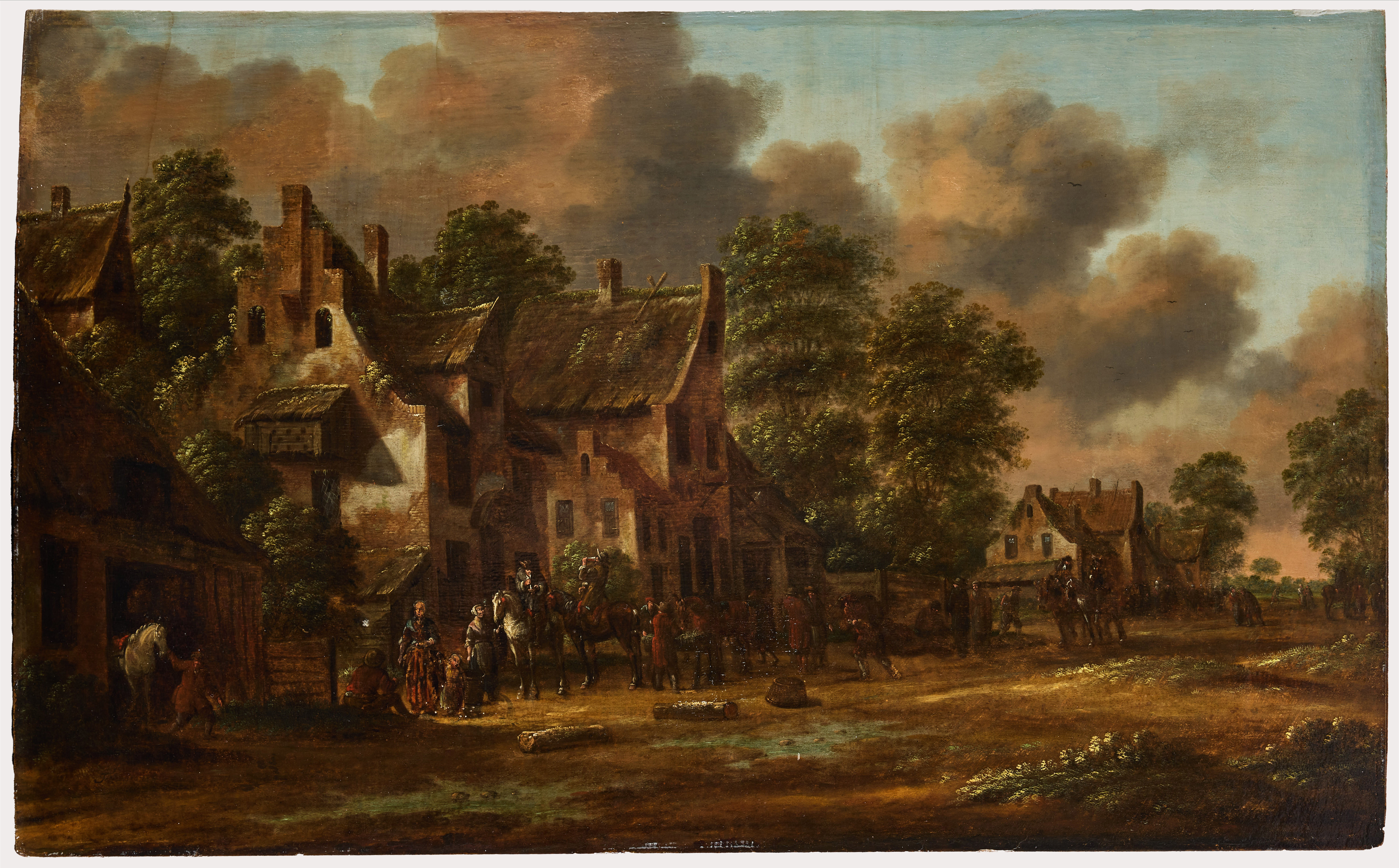 THOMAS HEEREMANS (HAARLEM 1641-1694). Village scene with travelers resting by an inn.