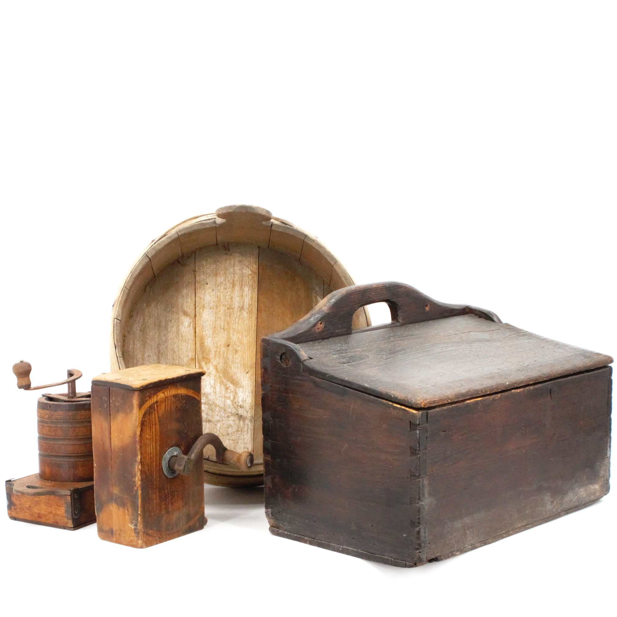 TUNNA, LÅDA, KAFFEKVARNAR, 4 delar, trä, järn 18/1900-tal-tal.