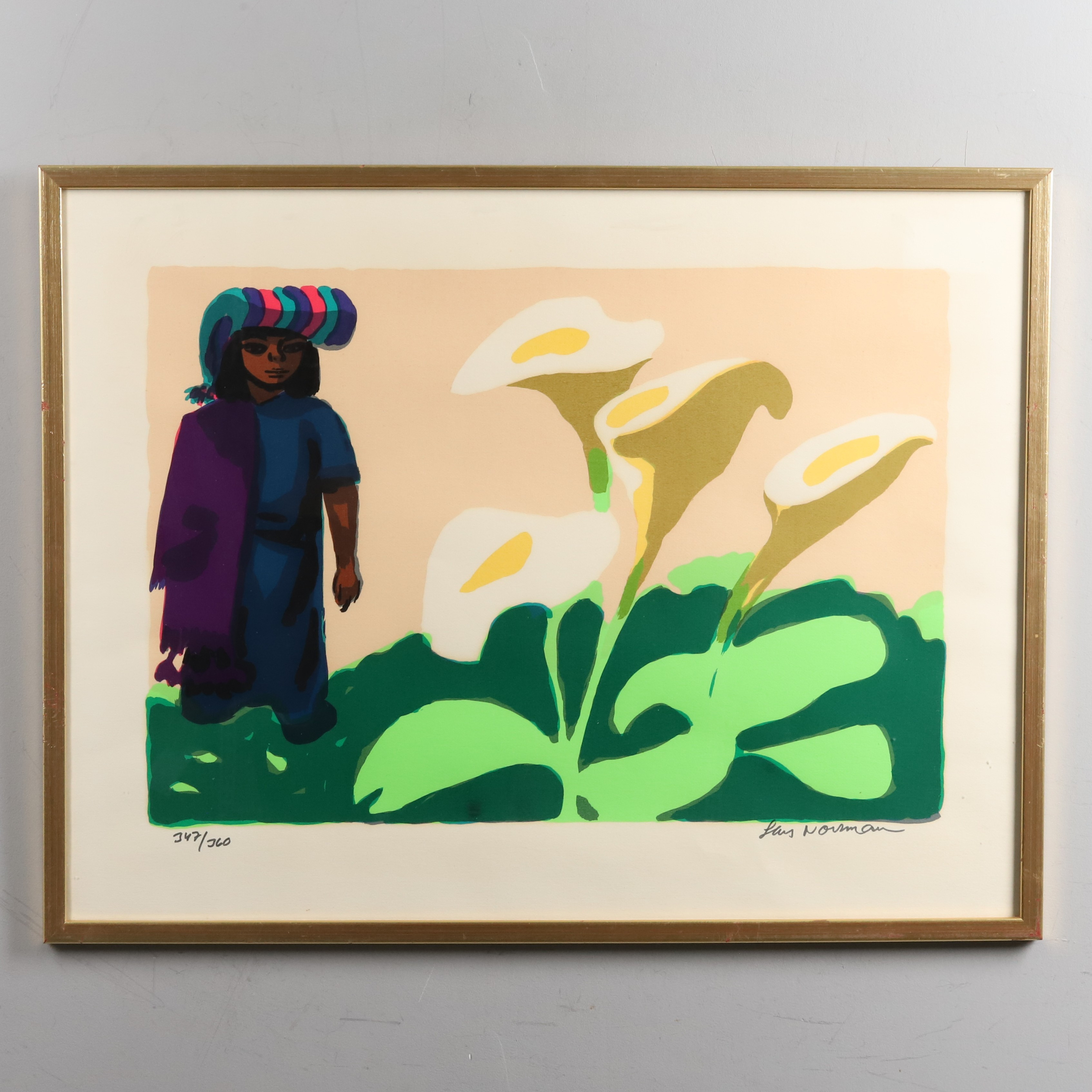 LARS NORRMAN. Färglitografi. "Kvinna med lijor", signerad och numrerad 347/360.