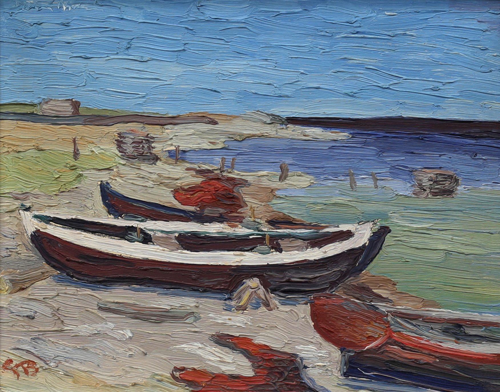 GÖRAN BRUNIUS. "Båtar vid strand". Olja på pannå, monogramsignerad.