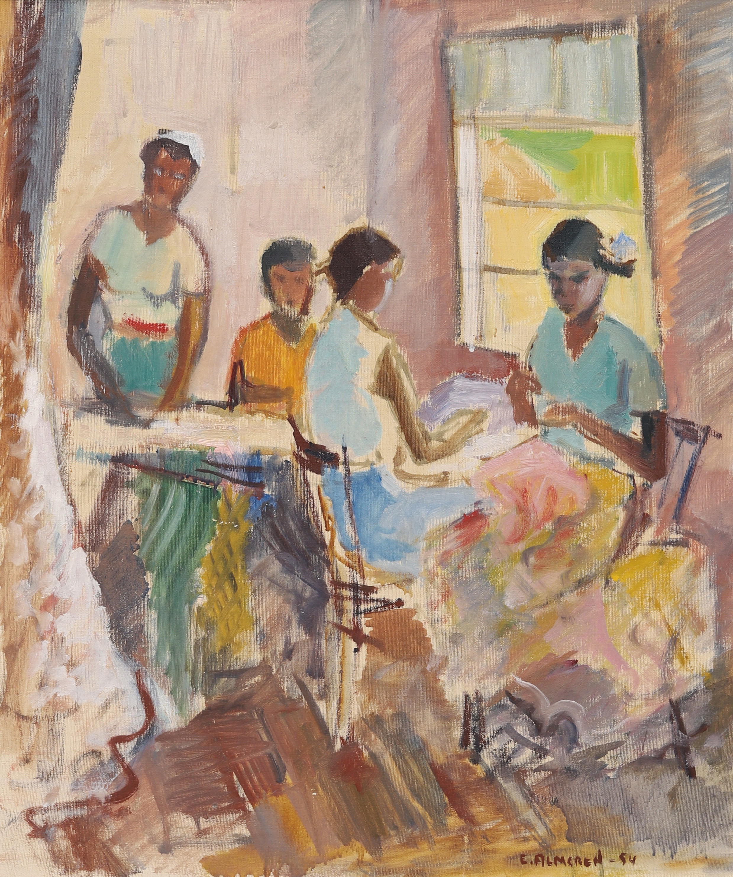 ERIK ALMGREN. Handarbetande kvinnor, olja på duk, signerad och daterad -54.