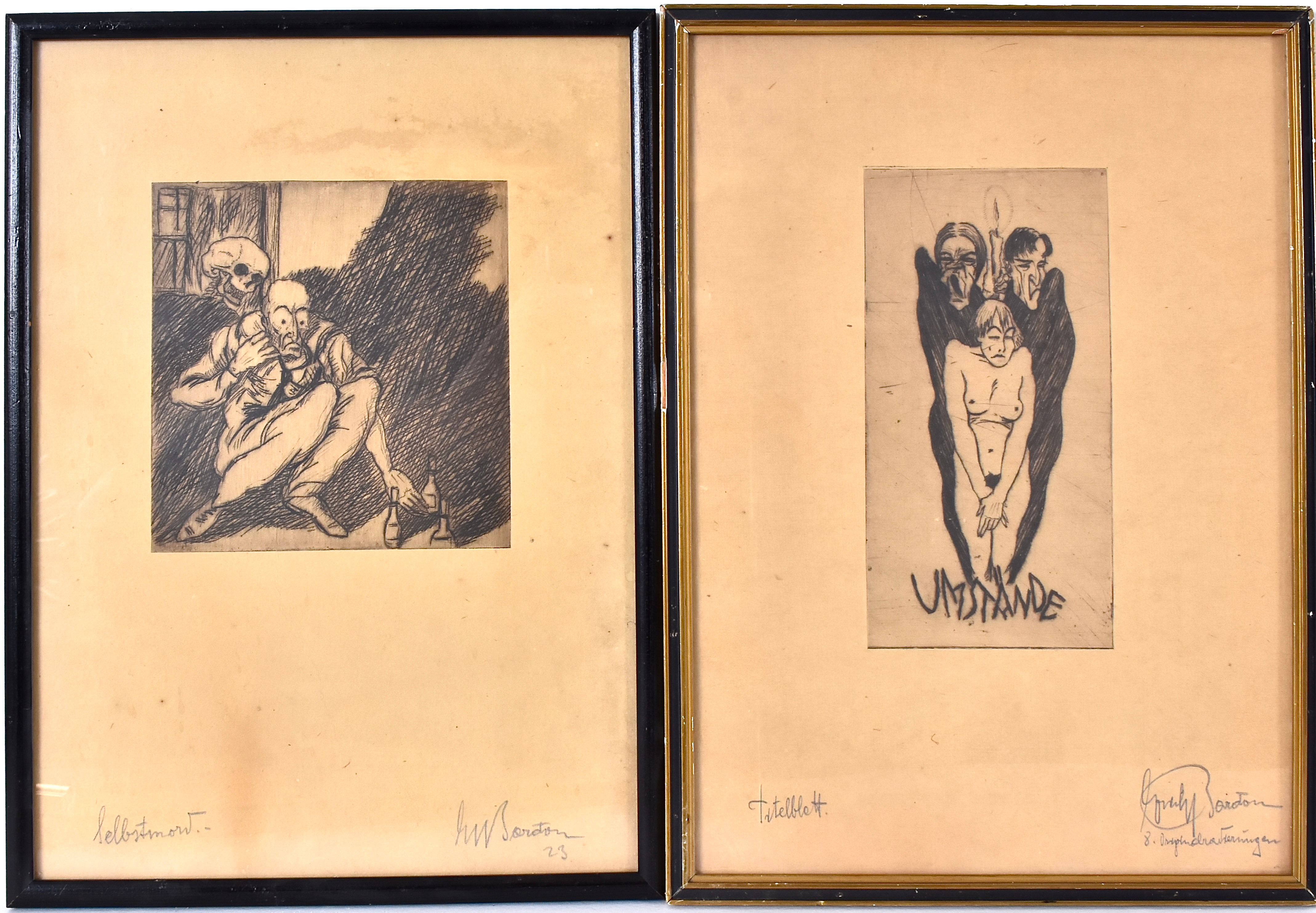 OIDENTIFIERAD KONSTNÄR. etsningar 2 st, Umstände respektive Selbstmord.