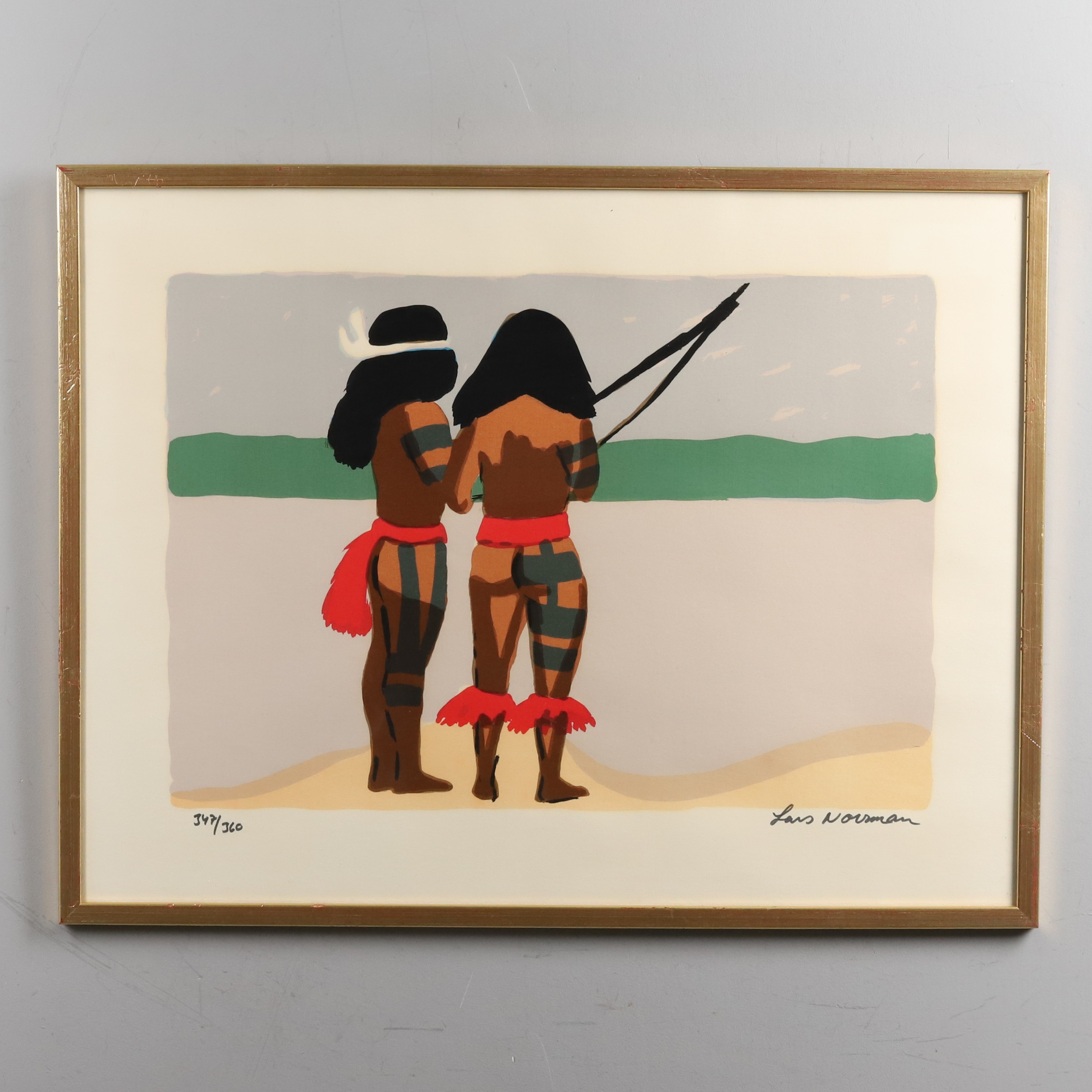 LARS NORRMAN. Färglitografi. "Par med pilbåge", signerad och numrerad 347/360.