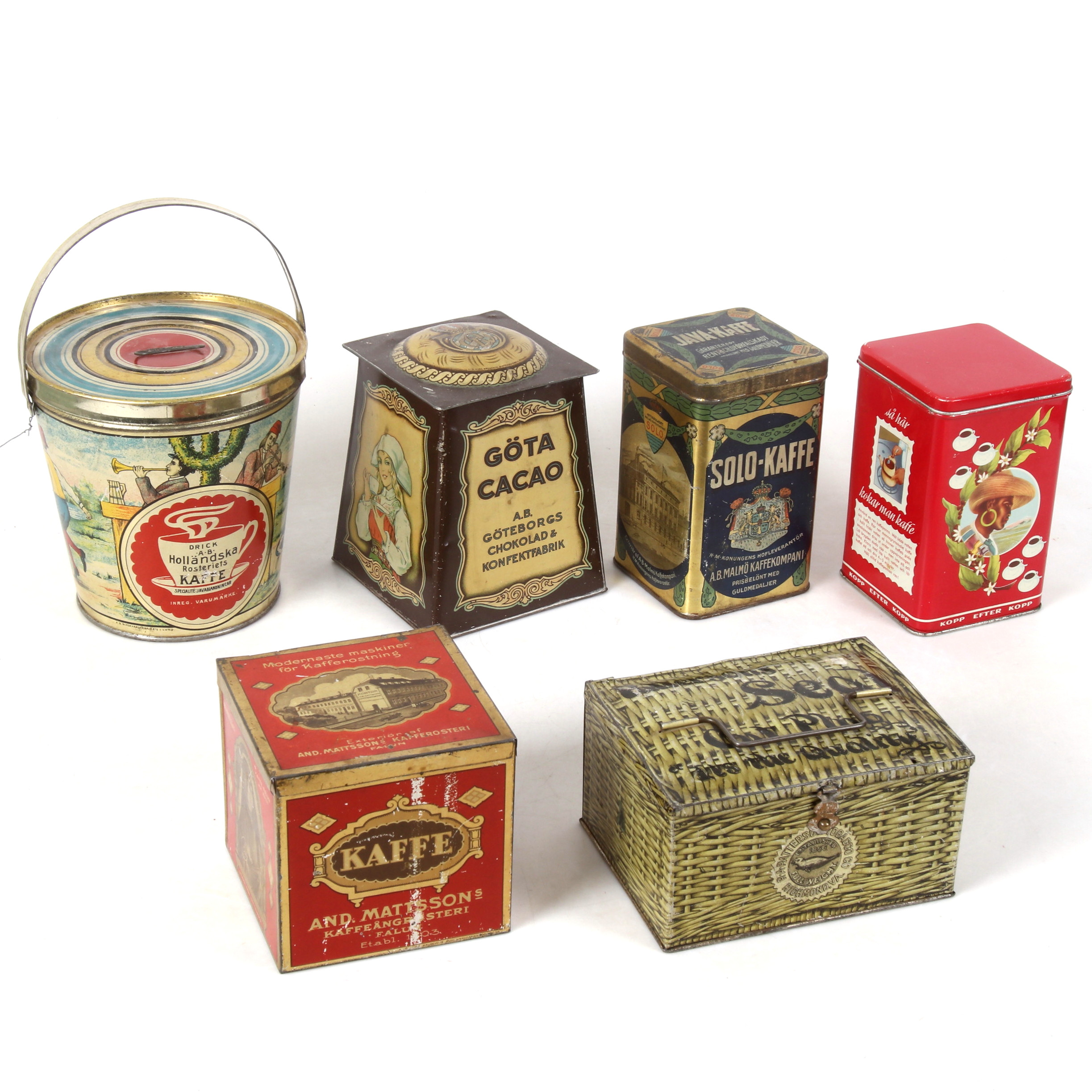 PLÅTBURKAR 6 st, litograferad plåt, bl.a. Solo kaffe, Drick A-B Holländska Rosteriets kaffe, 1900-tal.