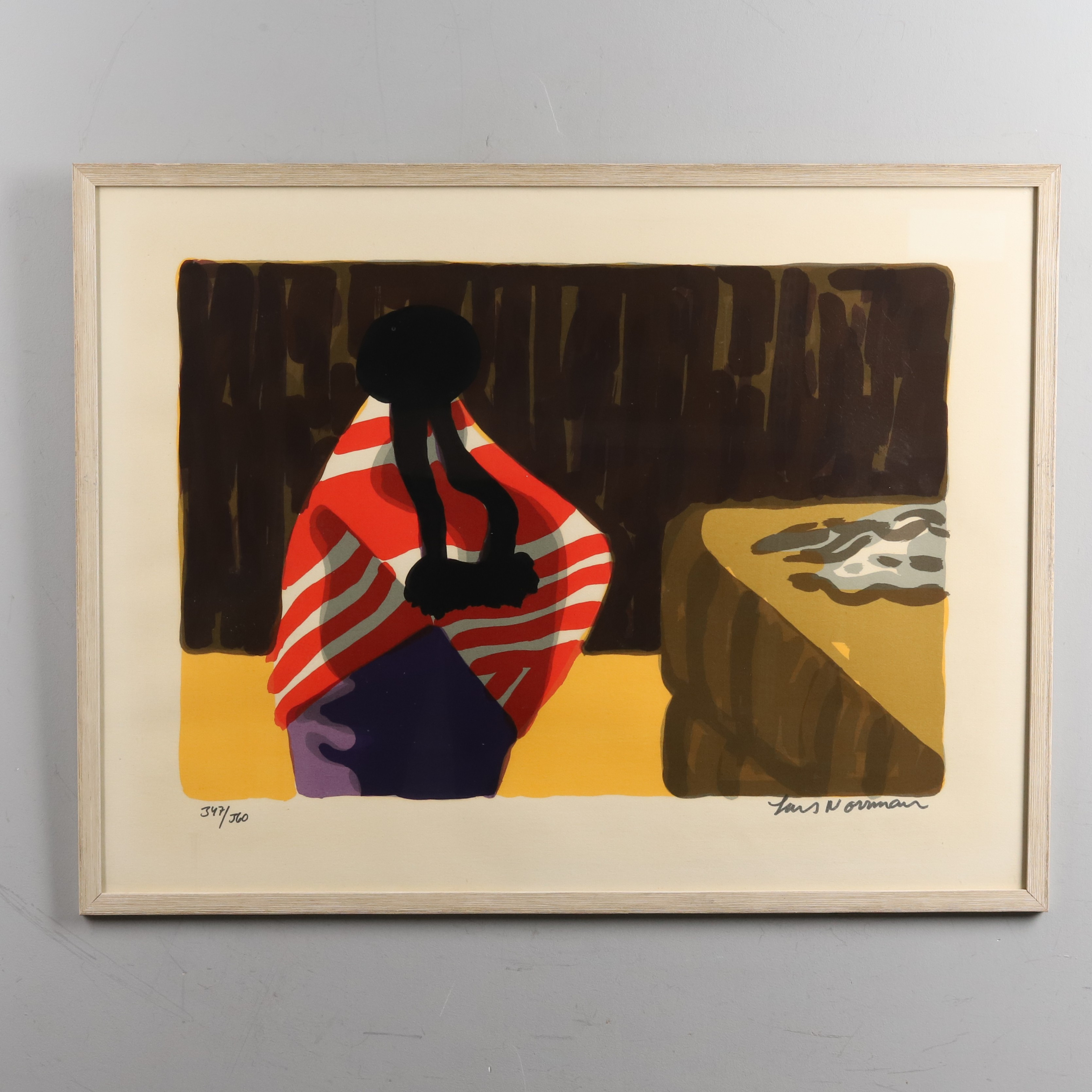 LARS NORRMAN. Färglitografi. "Kvinna i poncho", signerad och numrerad 347/360.