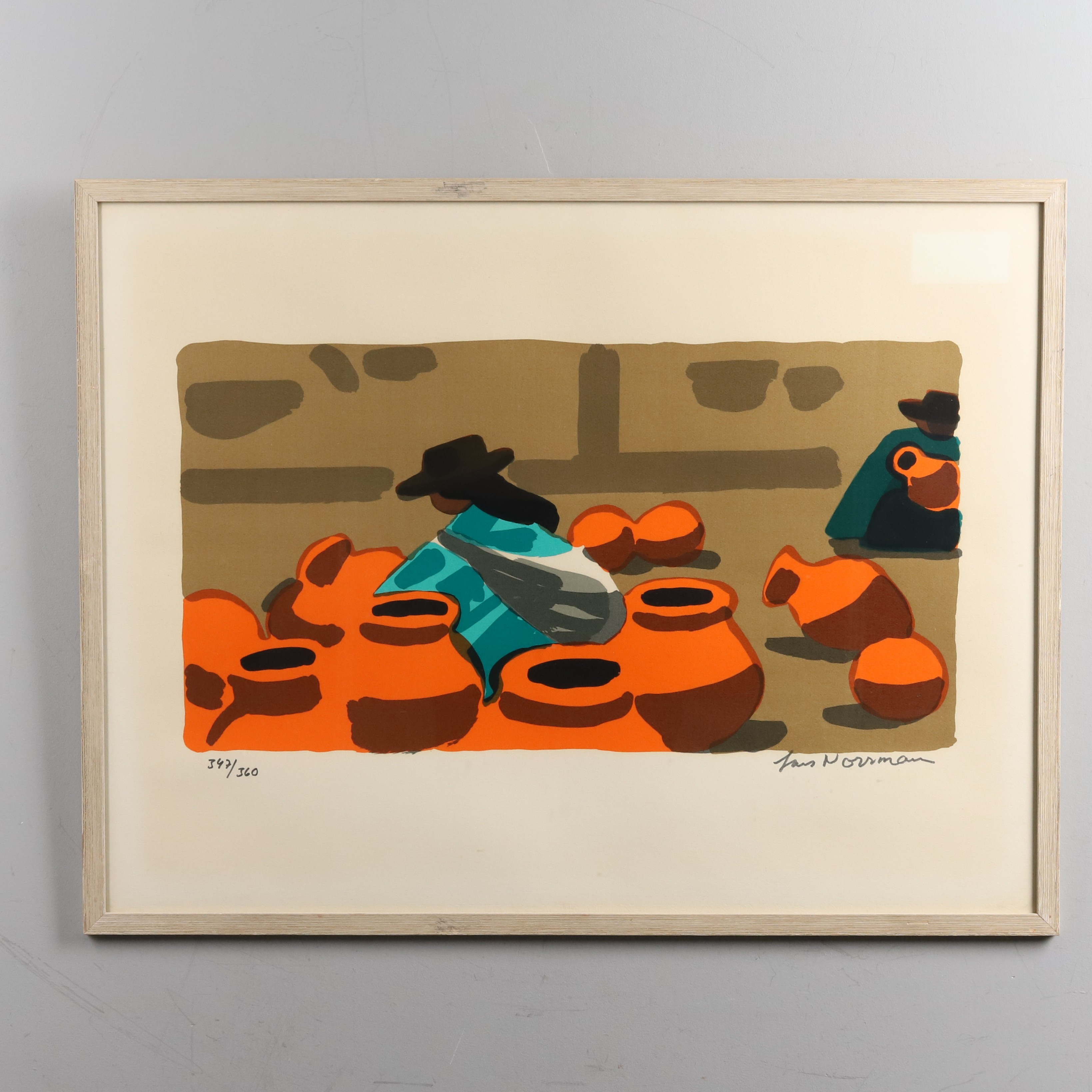 LARS NORRMAN. Färglitografi. "Kvinna med krukor", signerad och numrerad 347/360.