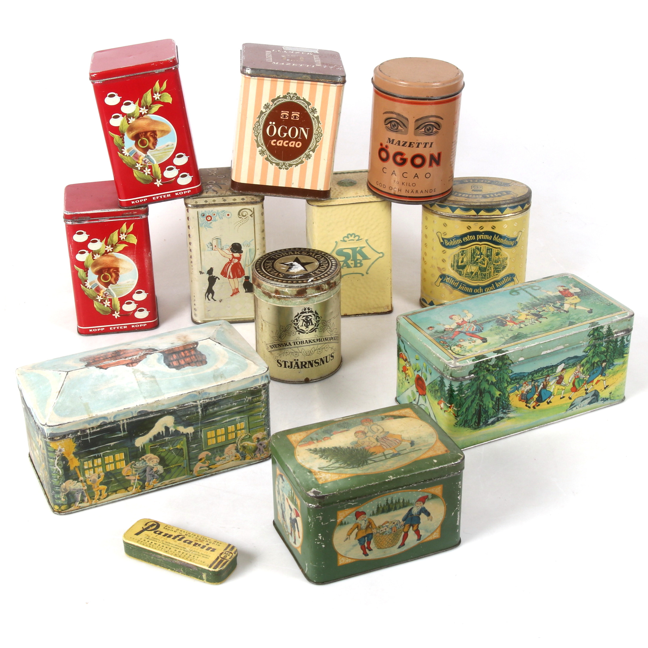 PLÅTBURKAR 11 st, bl.a. Mazetti, Svenska Tobaksmonopolet, 1900-tal.