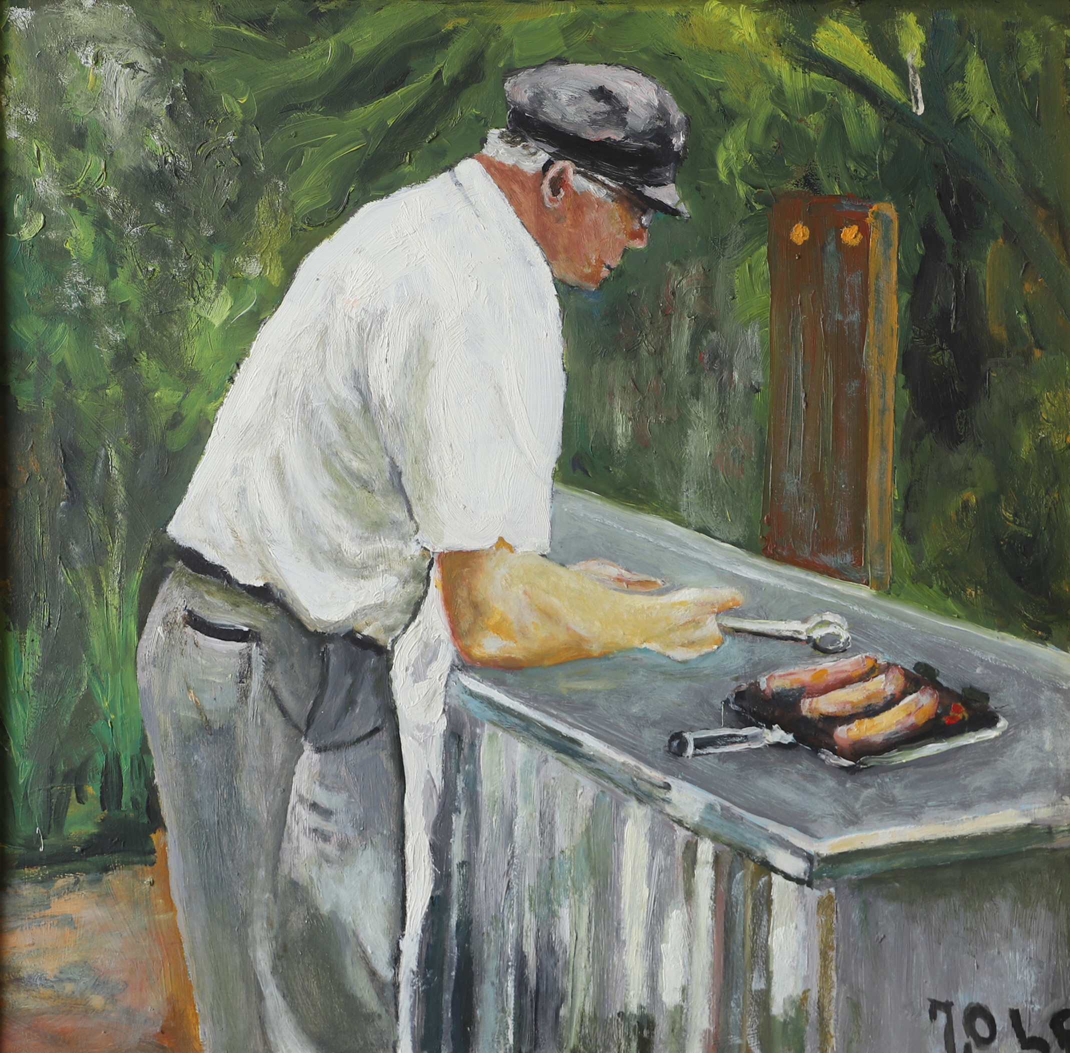 OIDENTIFIERAD KONSTNÄR. John i grilltagen, målning på metall, otydligt signerad.