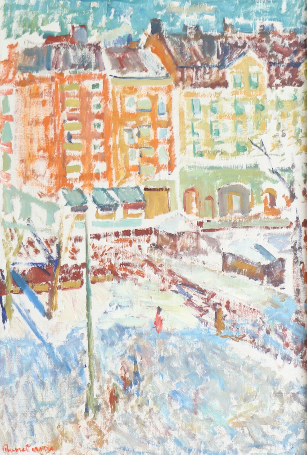 OIDENTIFIERAD KONSTNÄR. Stadsbild, olja på duk, otydligt signerad.