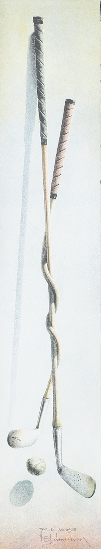NILS ERIK JOHANSSON. Golfklubbor, färglitografi, signerad N.E. Johansson.