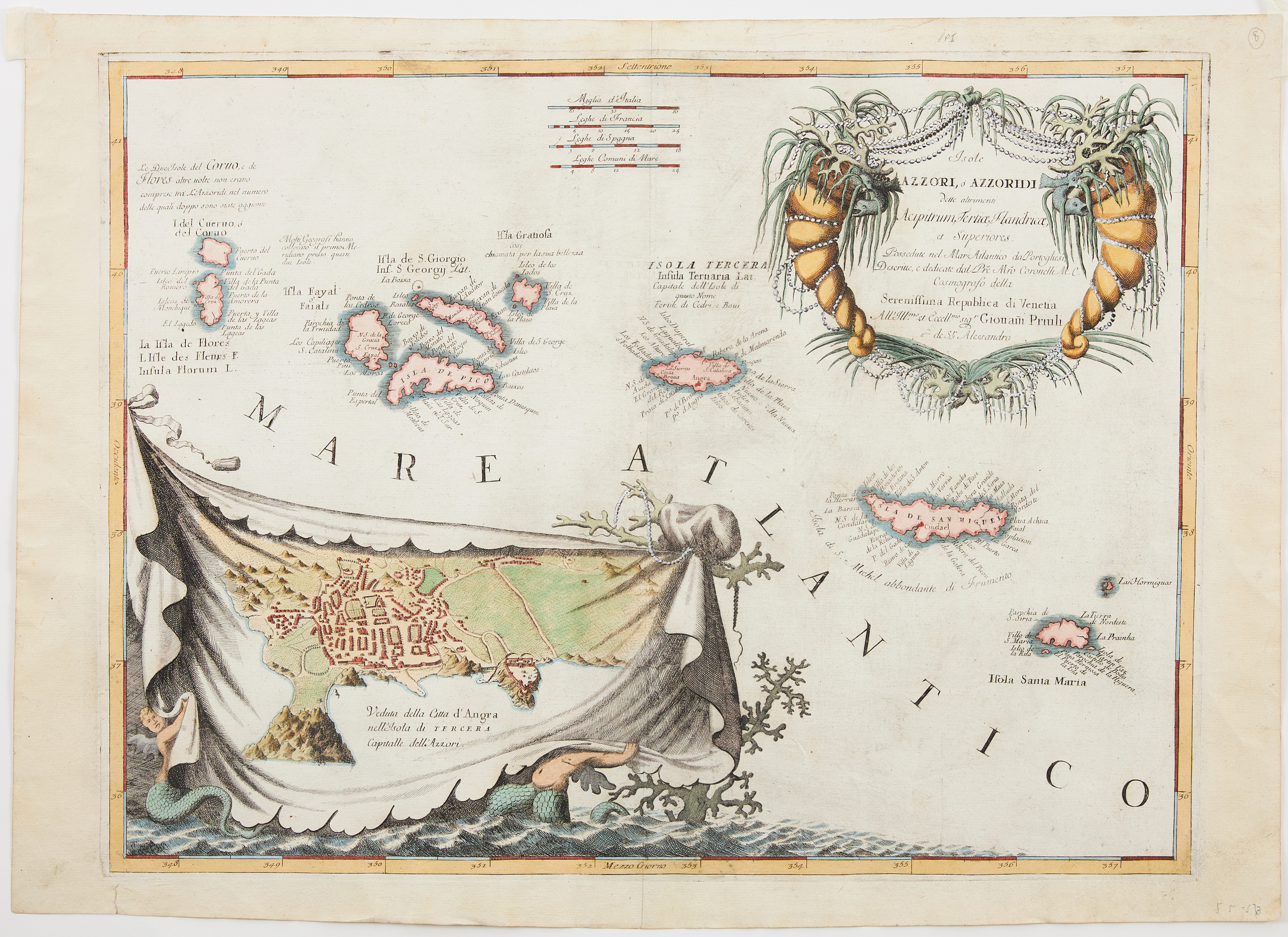 CORONELLI'S DECORATIVE MAP OF THE AZORES, Isole Azzori, c. 1690.