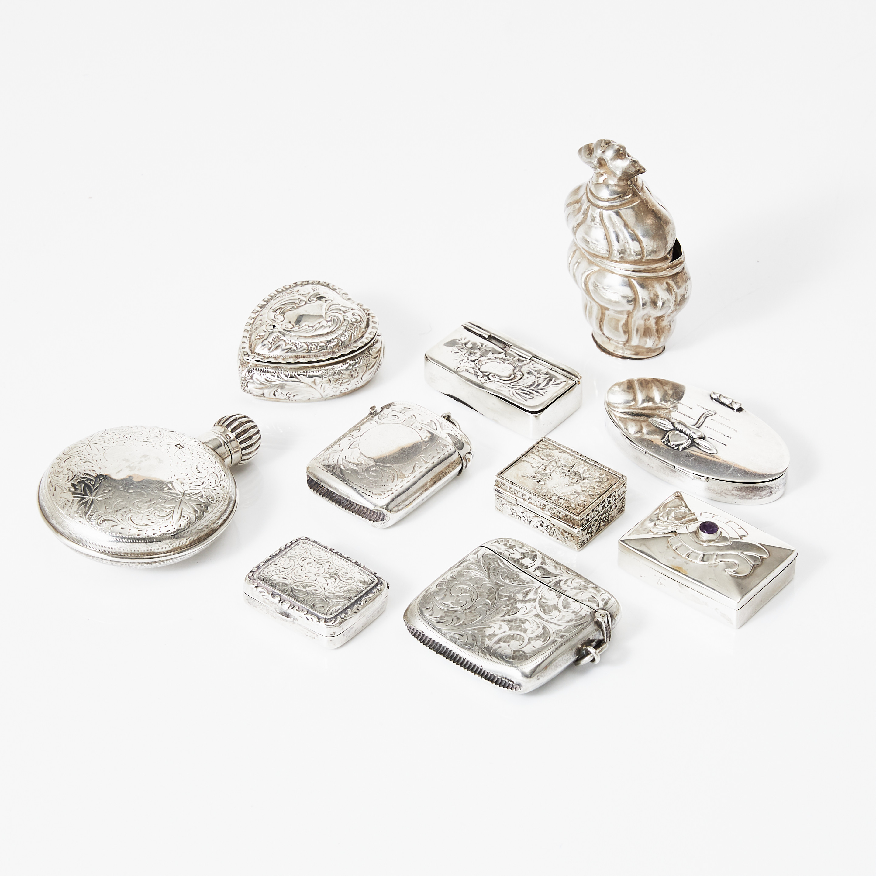 DOSOR, TÄNDSTICKSASKAR, PARFYMFLAKONG, 10 st, silver 800-925, 18/1900-tal.