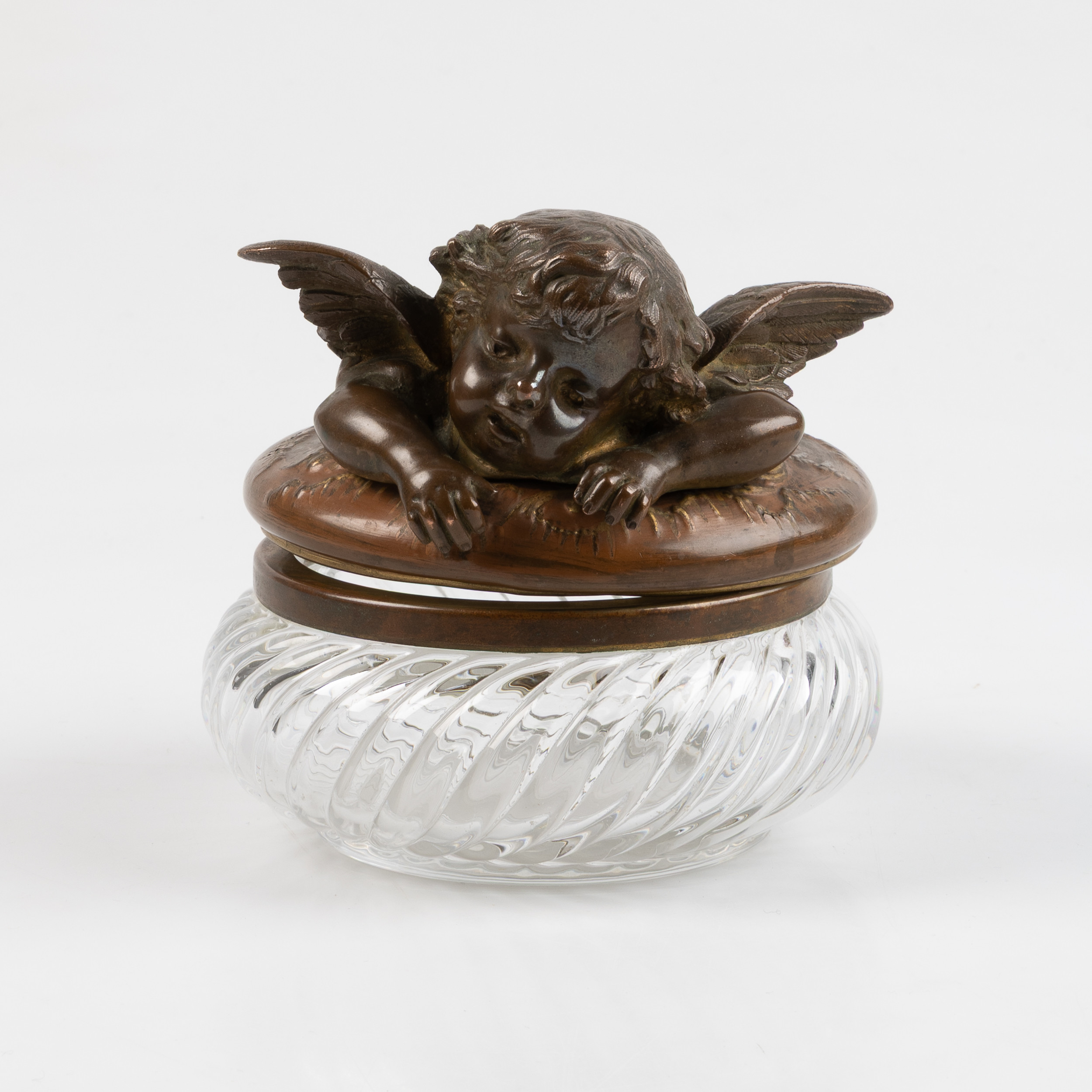 BONBONJÄR, glas, lock med kerub i brons, 18/1900-tal.