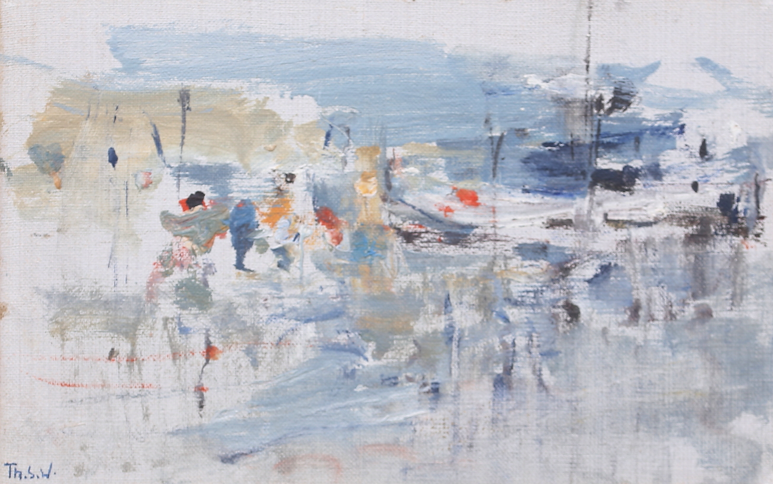 THURE WAHLSTRÖM. Hamnmotiv. Olja på duk, uppfodrad på pannå, monogramsignerad.