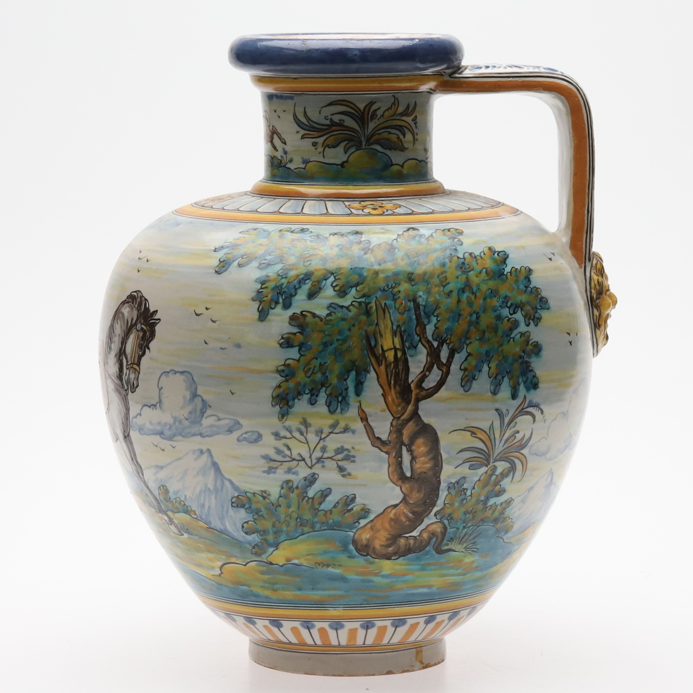 URNA. Målat och glaserat lergods, "Naturmotiv med kvinna på häst", Talavera, Spanien.