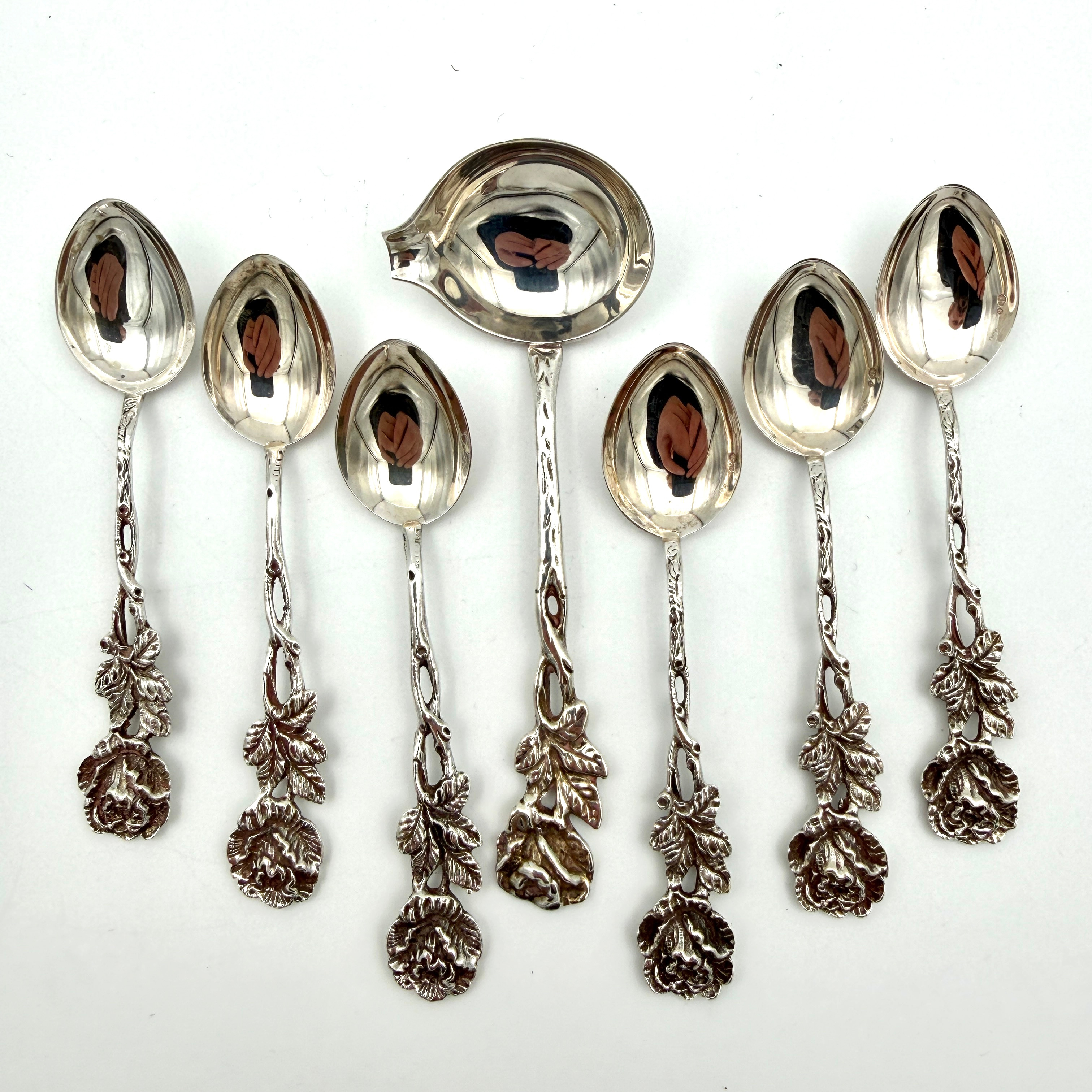 BESTICK, 7 dlr, silver, modell Rosen, Gewe Silvervarufabriken Ab, Malmö respektive svenska importstämplar, ca 1960-tal, total vikt ca 66 gr.