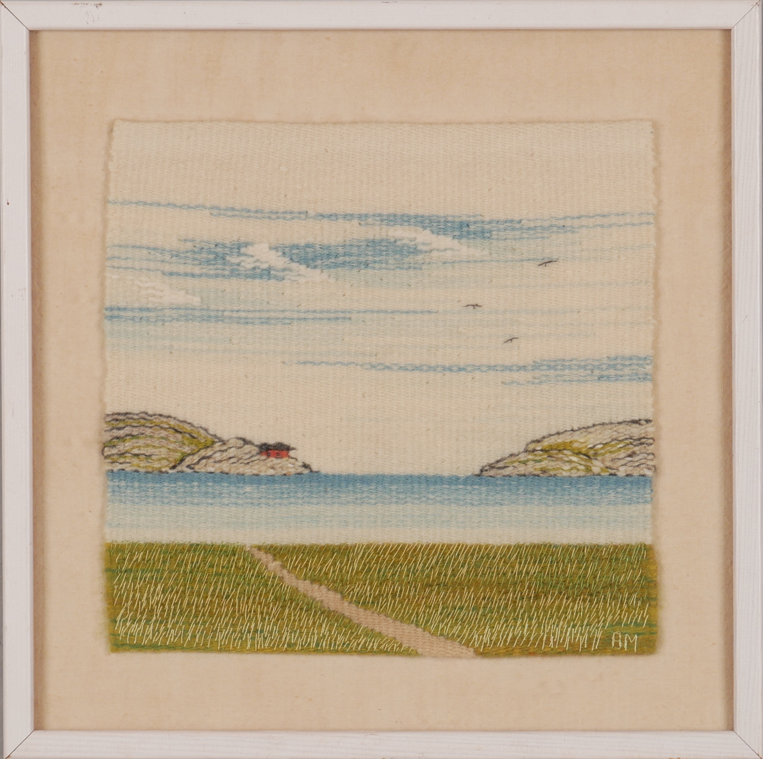 BRITT-MARIE GRÄVARE. Textiltavla, "Låddholmsviken", monogransignerad BM.