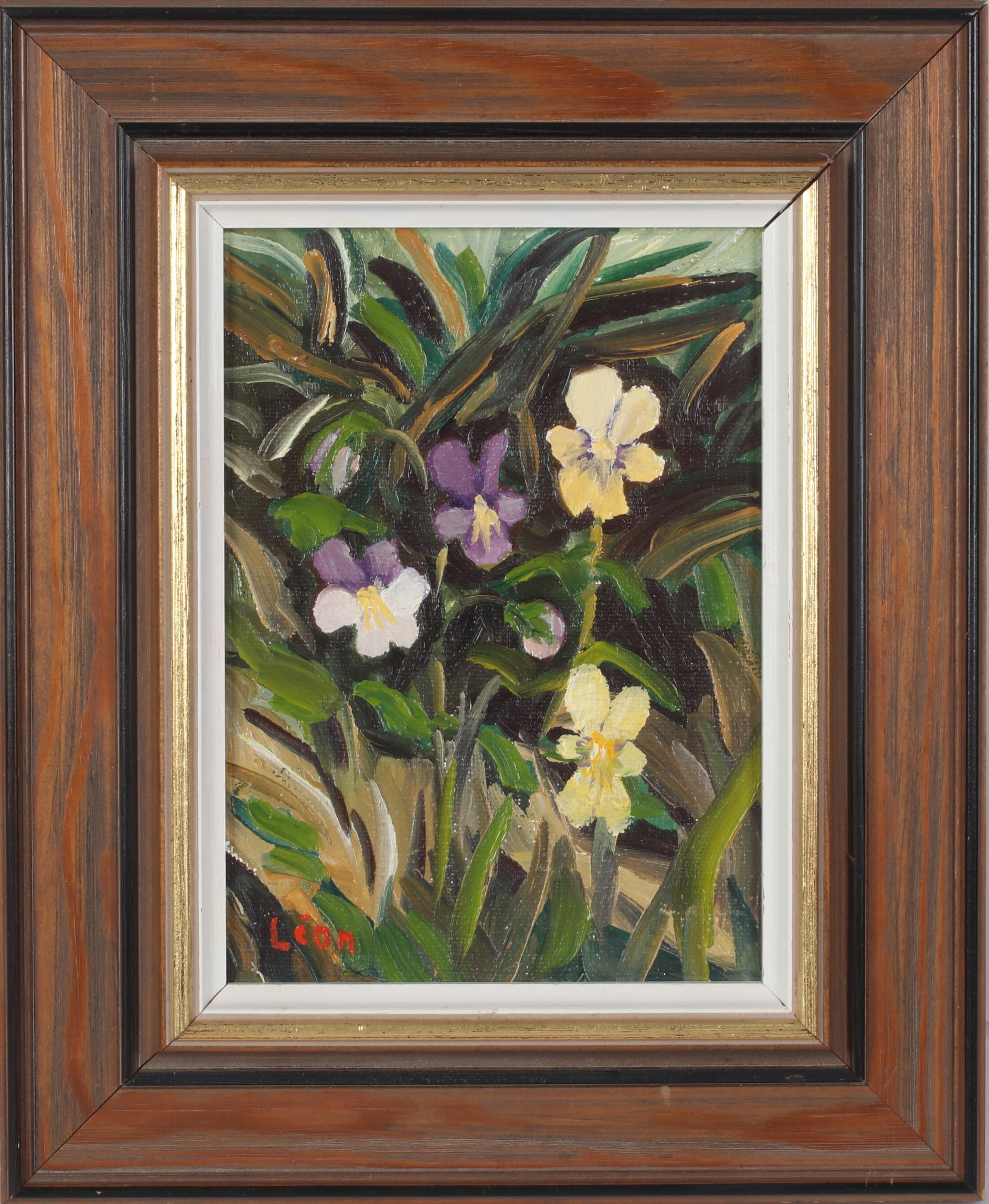 OIDENTIFIERAD KONSTNÄR. Violer, olja på duk, signerad Léon.