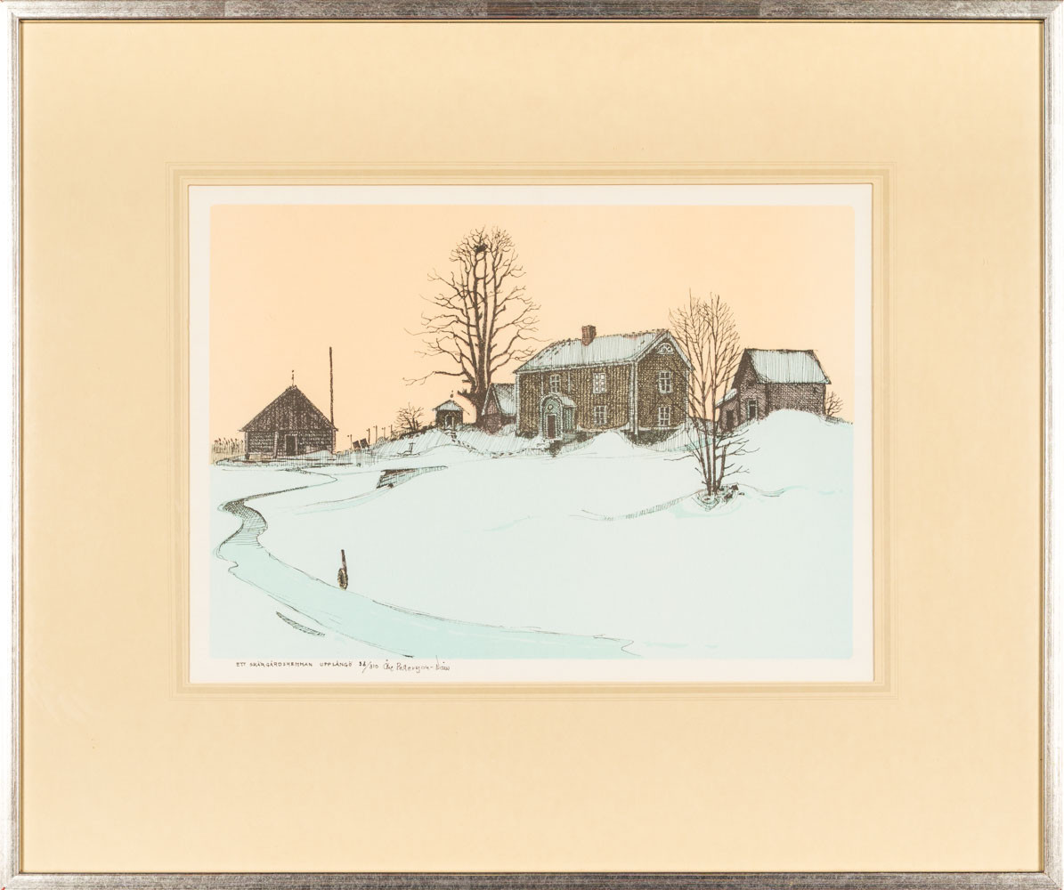 ÅKE PETTERSSON-NÅW. Färglitografi, "Ett Skärgårdshemman Upplångö", Nr38/310, Signerad.