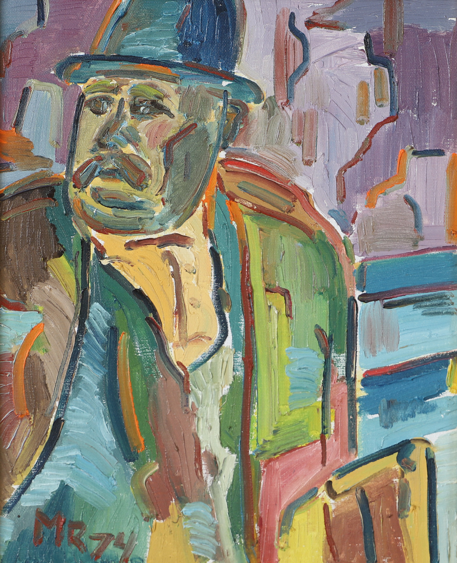 OIDENTIFIERAD KONSTNÄR. Gubbe med hatt, olja på duk, otydligt signerad.