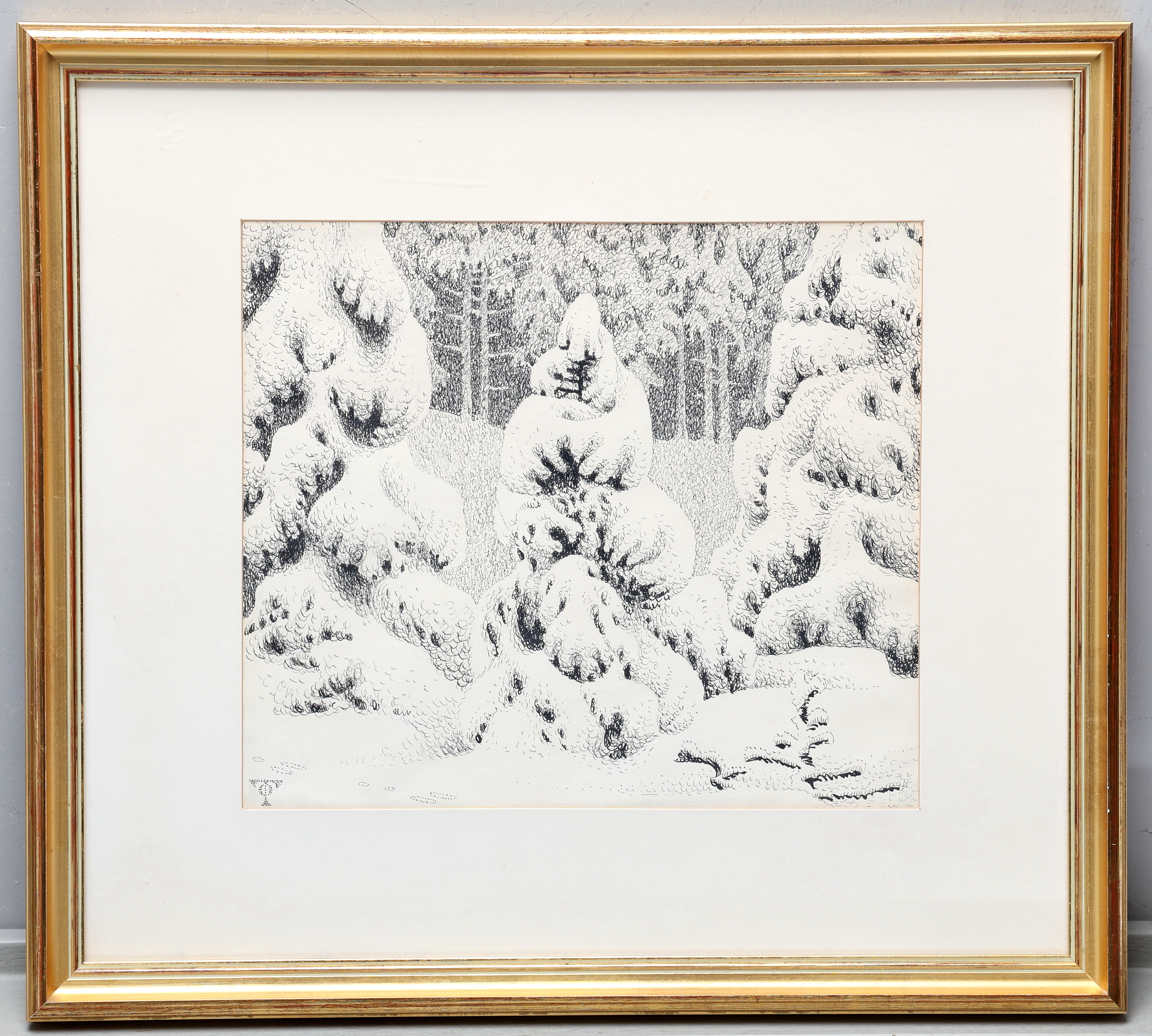 OLOF THUNMAN (1879-1944). Tuschteckning, "Granar i Snö", signerad.