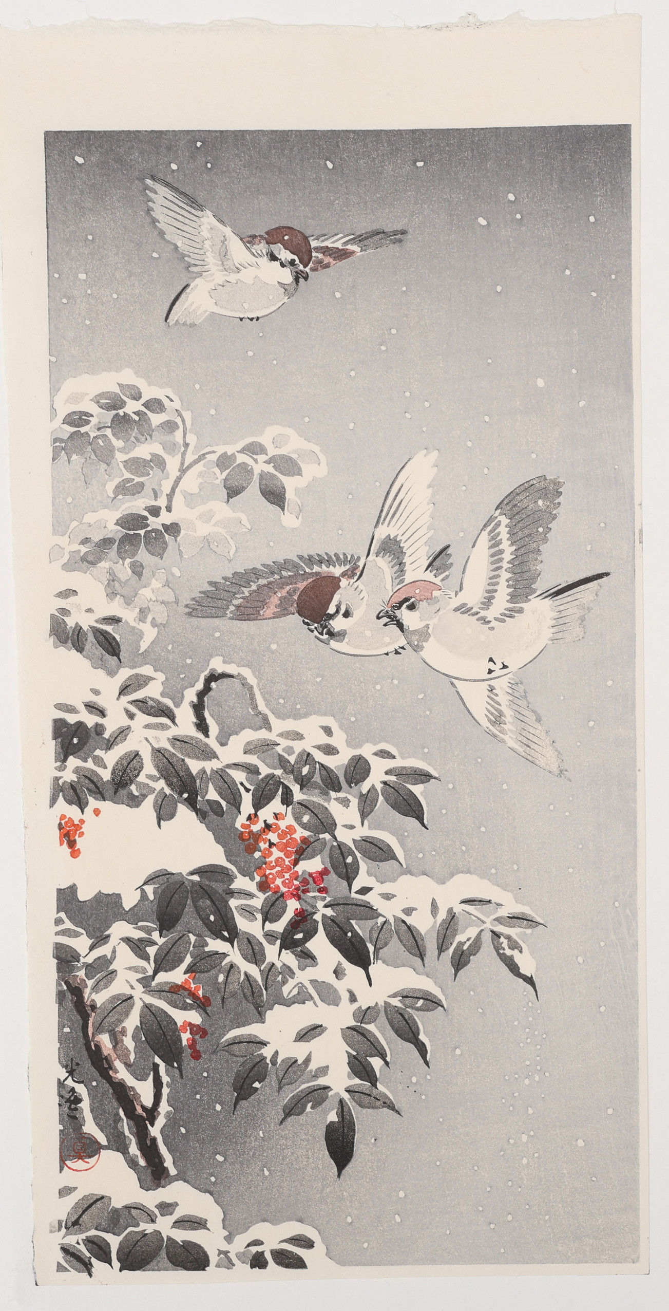 TSUCHIYA KOITSU 1870-1949. TRÄSNITT, SPARVAR I SNÖ, 1933 ELLER 1940.