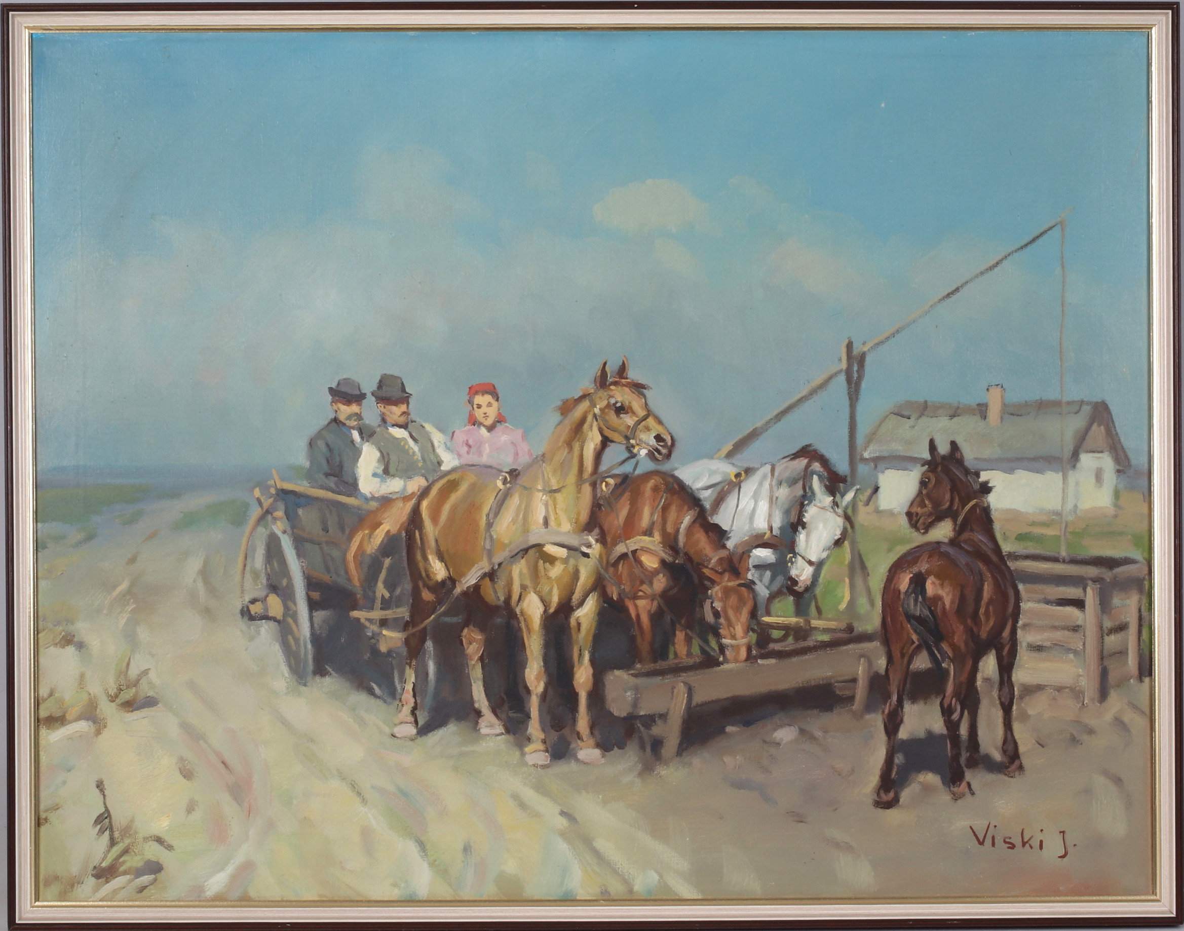 JÁNOS VISKI. Ratande hästekipage, olja på duk, signerad.
