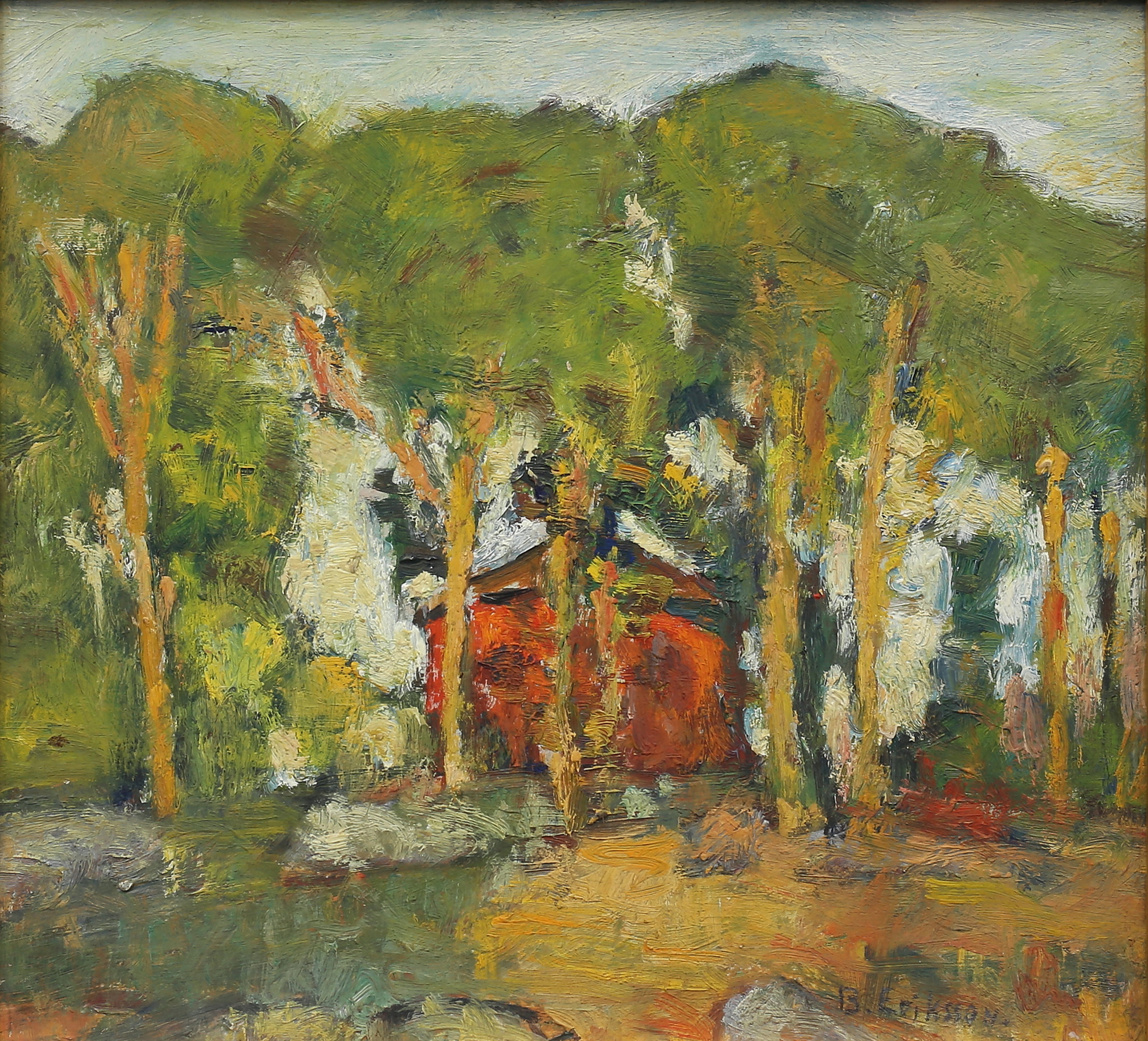 BROR ERIKSSON. Stuga i skog. Olja på pannå, signerad.