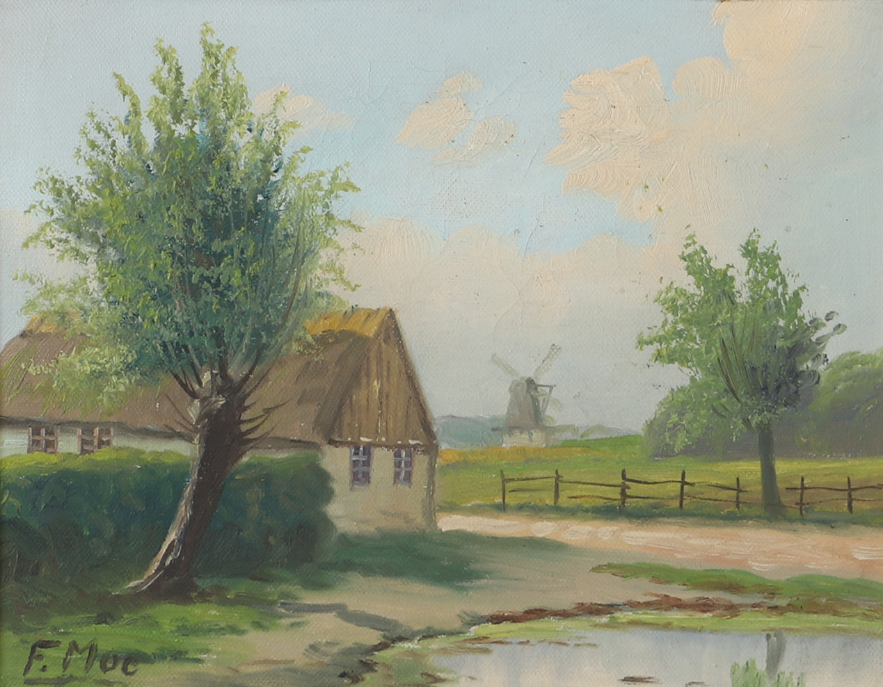 FREDRIK MOE. Landskap med hus och mölla, olja på duk, signerad F. Moe.
