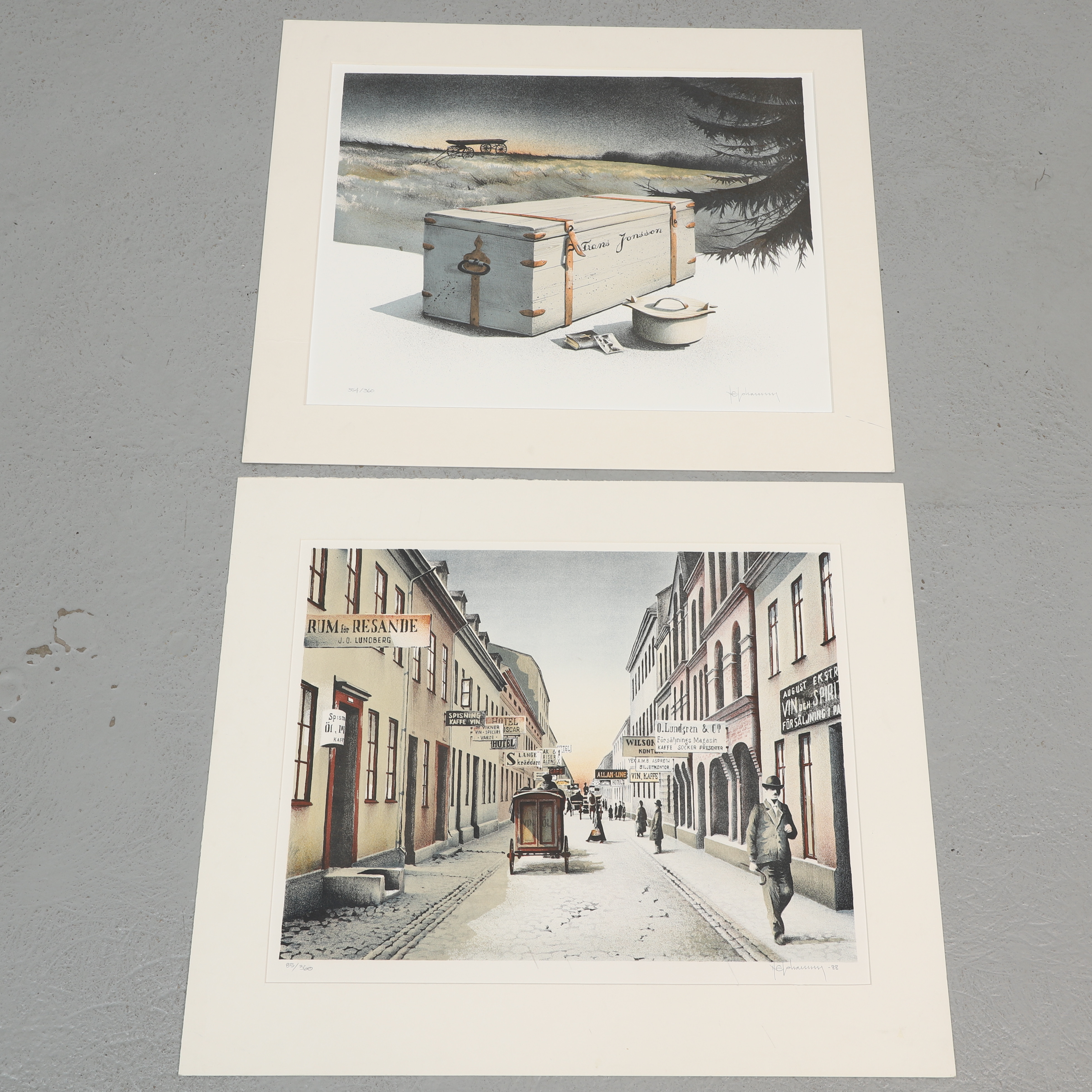 NILS ERIK JOHANSSON. Litografier, 2 st, gatuvy & komposition, signerade, numrerade.