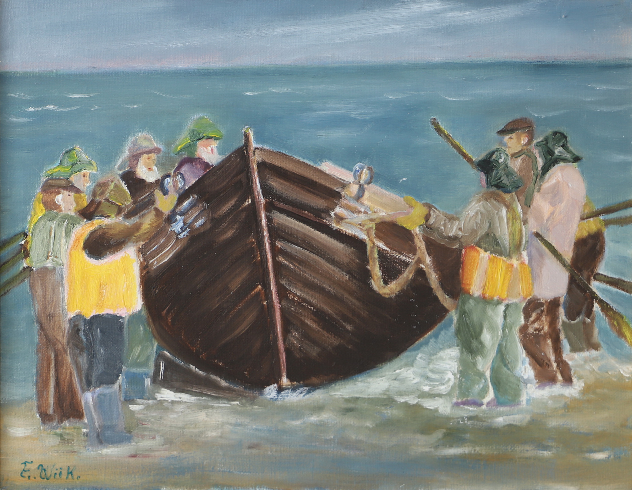 OIDENTIFIERAD KONSTNÄR. Fiskare med bår, olja på duk, signerad E. Wiik.