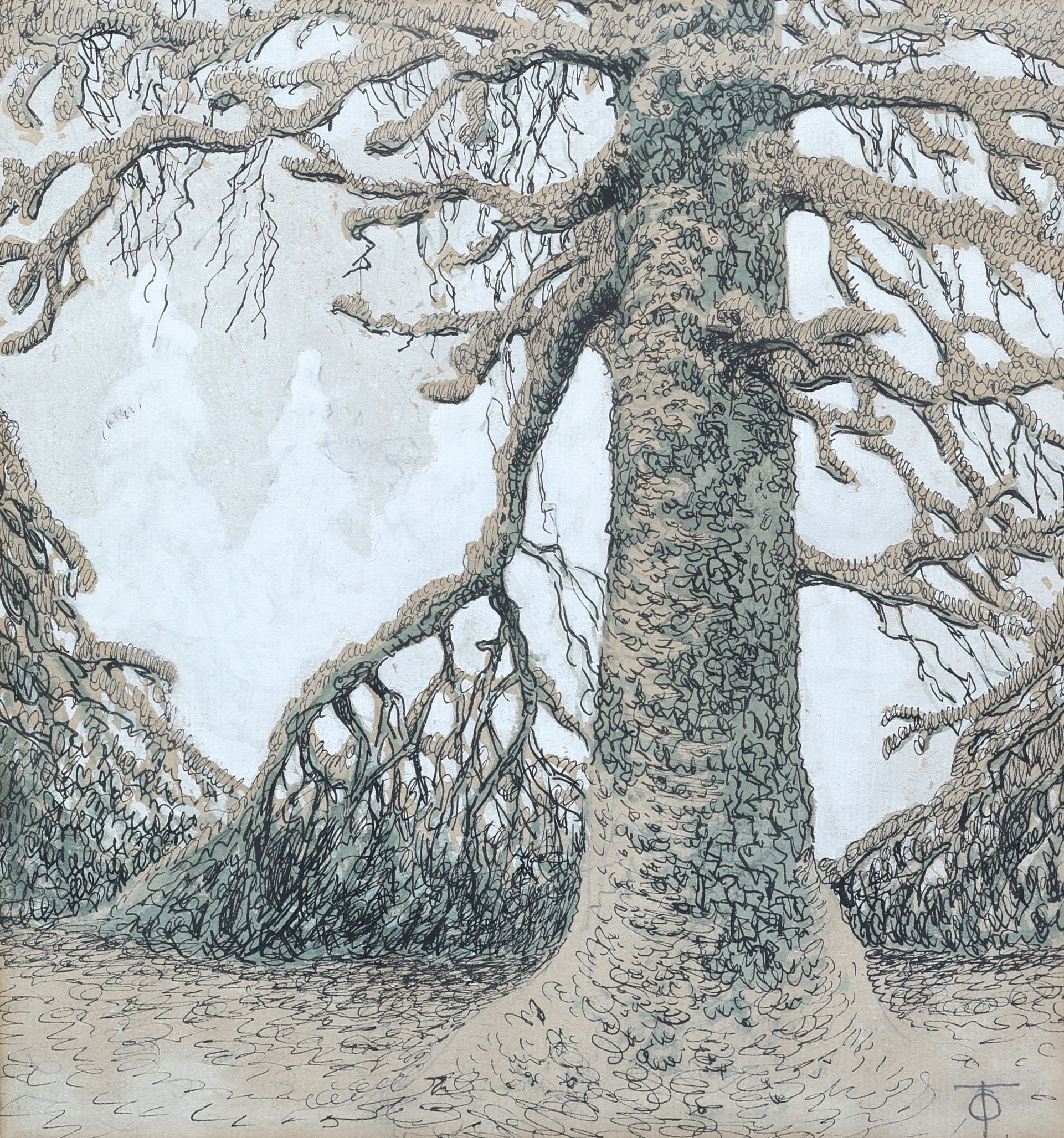 OLOF THUNMAN. (1879-1944). Blandteknik på papper, "Granar Billingen", signerad.