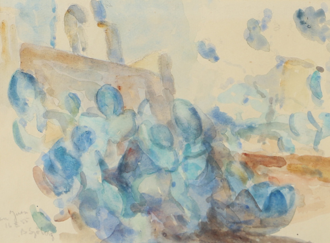 BERTIL SJÖBERG. Kyrka med kaktus, akvarell, signerad B. Sjöberg.