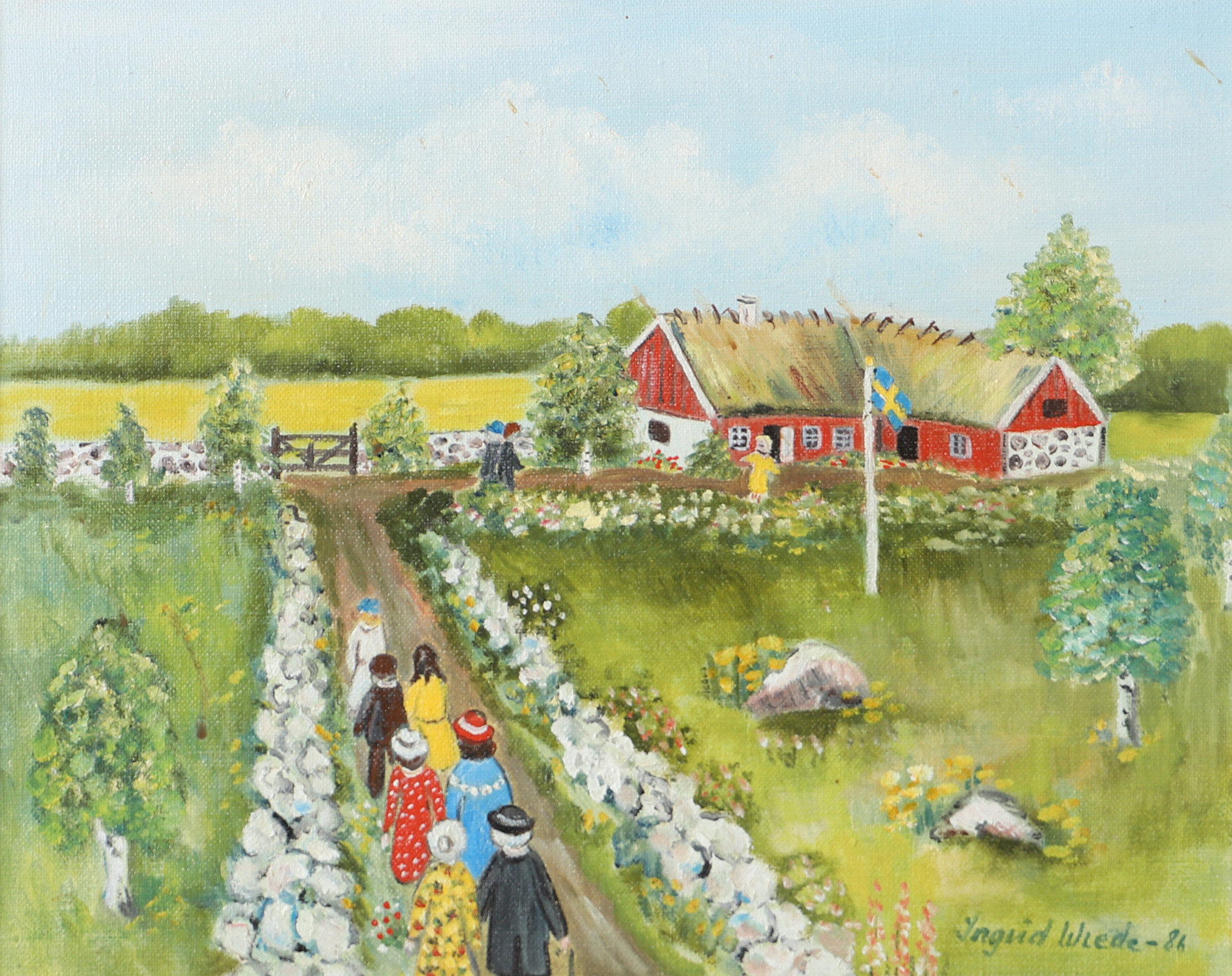 INGRID WREDE. "Uppvaktning", olja på duk, signerad -86.