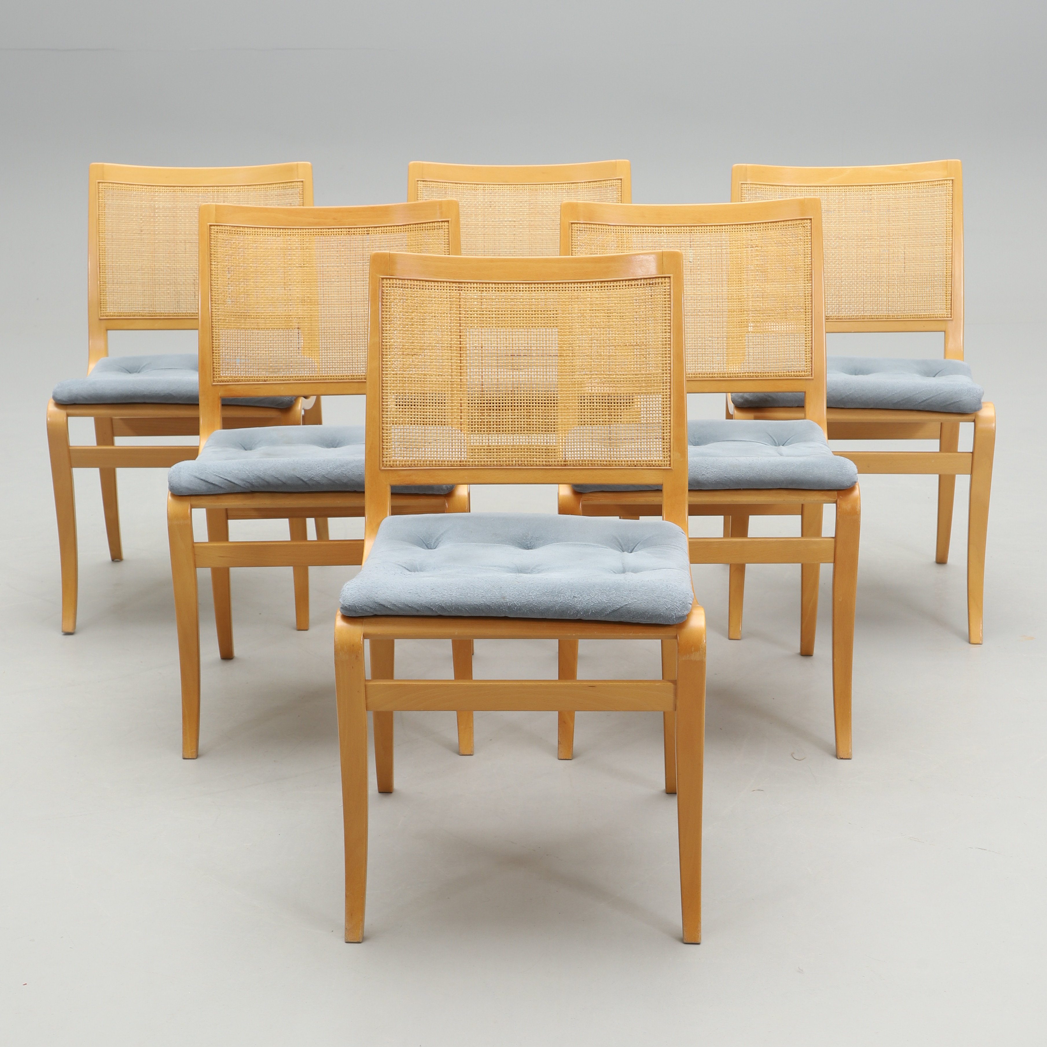 BRUNO MATHSSON. Stolar, 6 stycken, "Kerstin", bok och rotting, Dux, 1970-/80-tal.