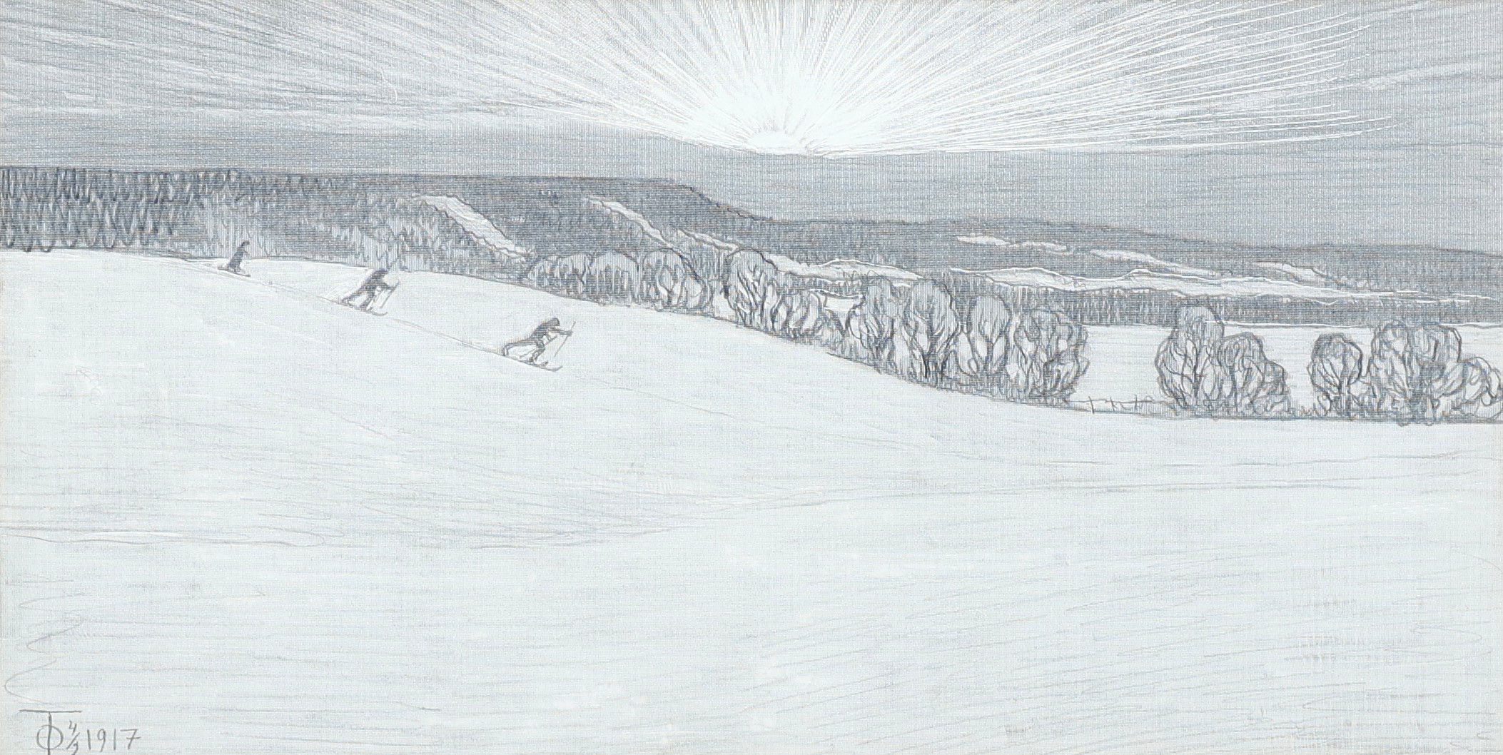 OLOF THUNMAN (1879-1944). Landskap med skidåkare, signerad, daterad 1917.