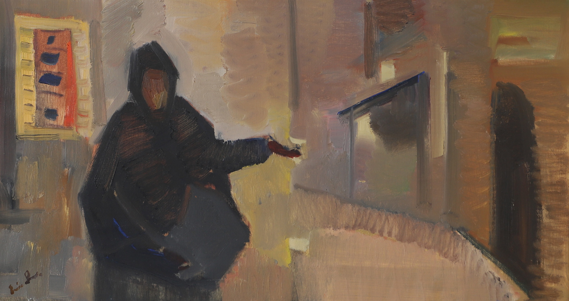 OIDENTIFIERAD KONSTNÄR. Figur. vid hus, olja på duk, otydligt signerad.