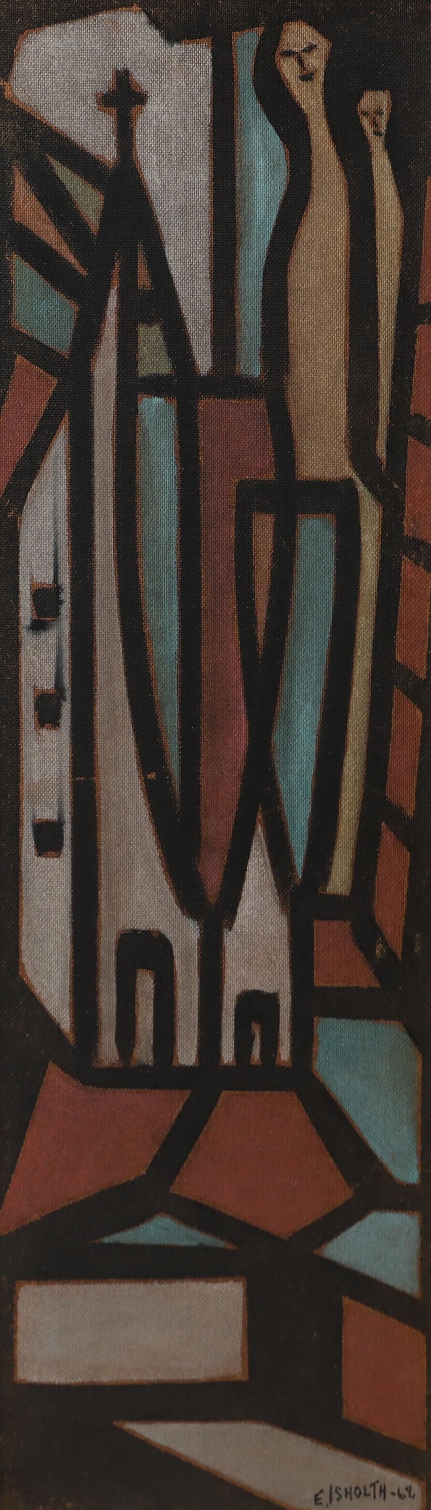 ERICH ISHOLDT. Komposition med kyrka och figurer, på, signerad E. Isholdt -62.