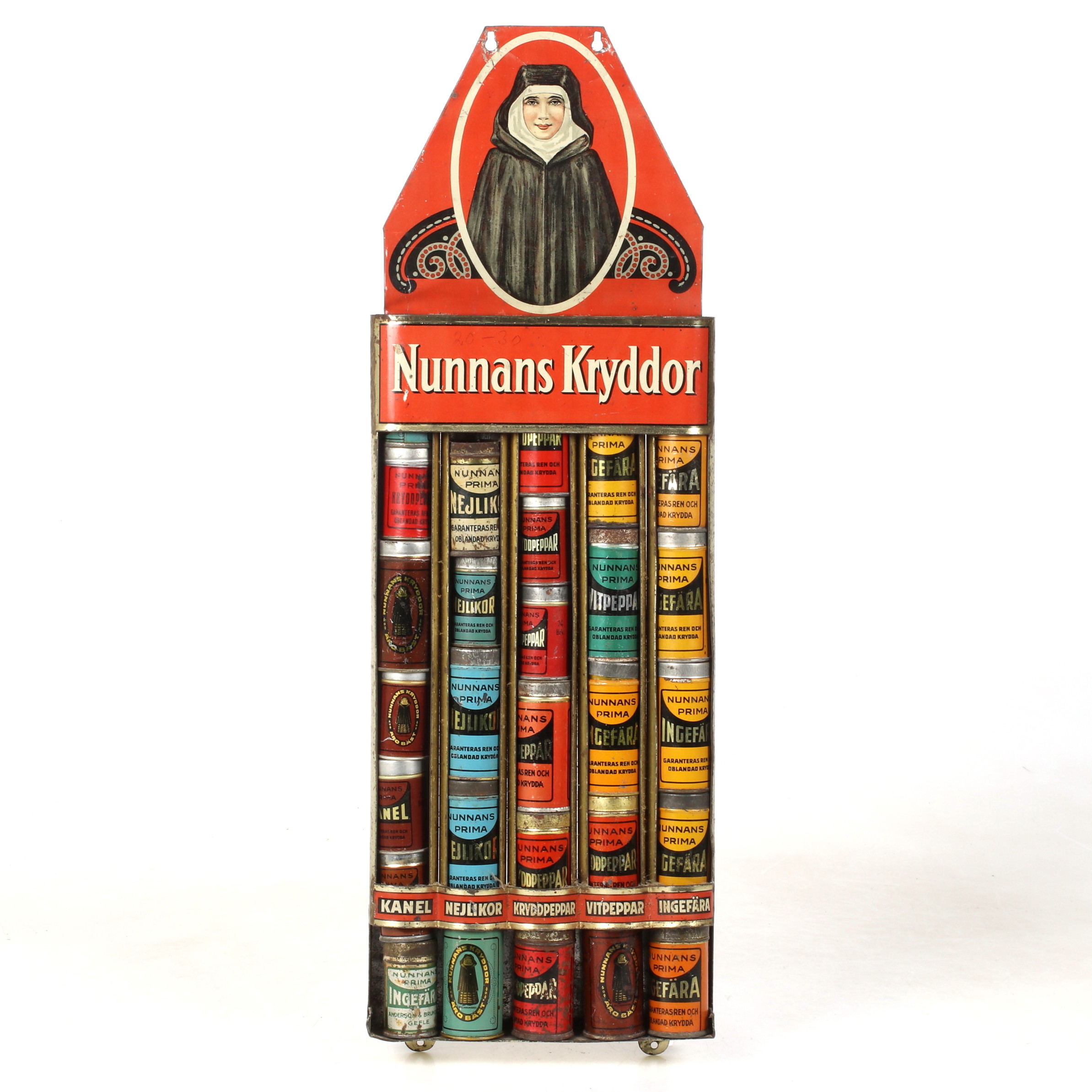 BUTIKSSTÄLL, Nunnans Kryddor. Litograferad plåt. 1900-talets första hälft.