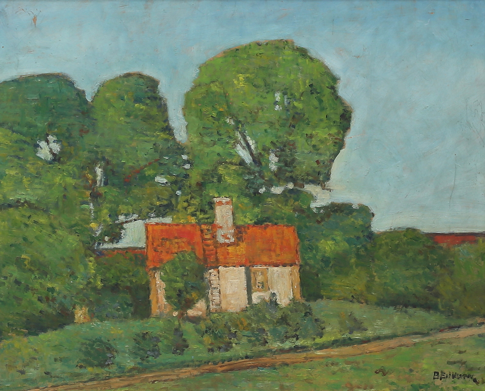 BROR ERIKSSON. "Gård i Uppland". Olja på pannå, signerad.