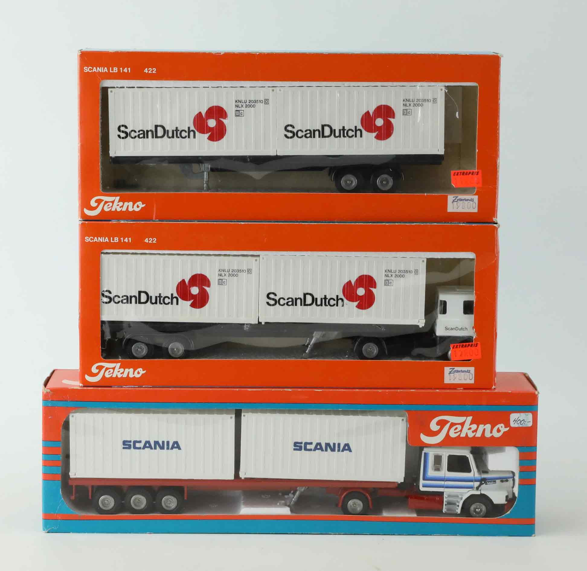 TEKNO. 3 st långtradare, Scania, ScanDutch, 1980-tal.