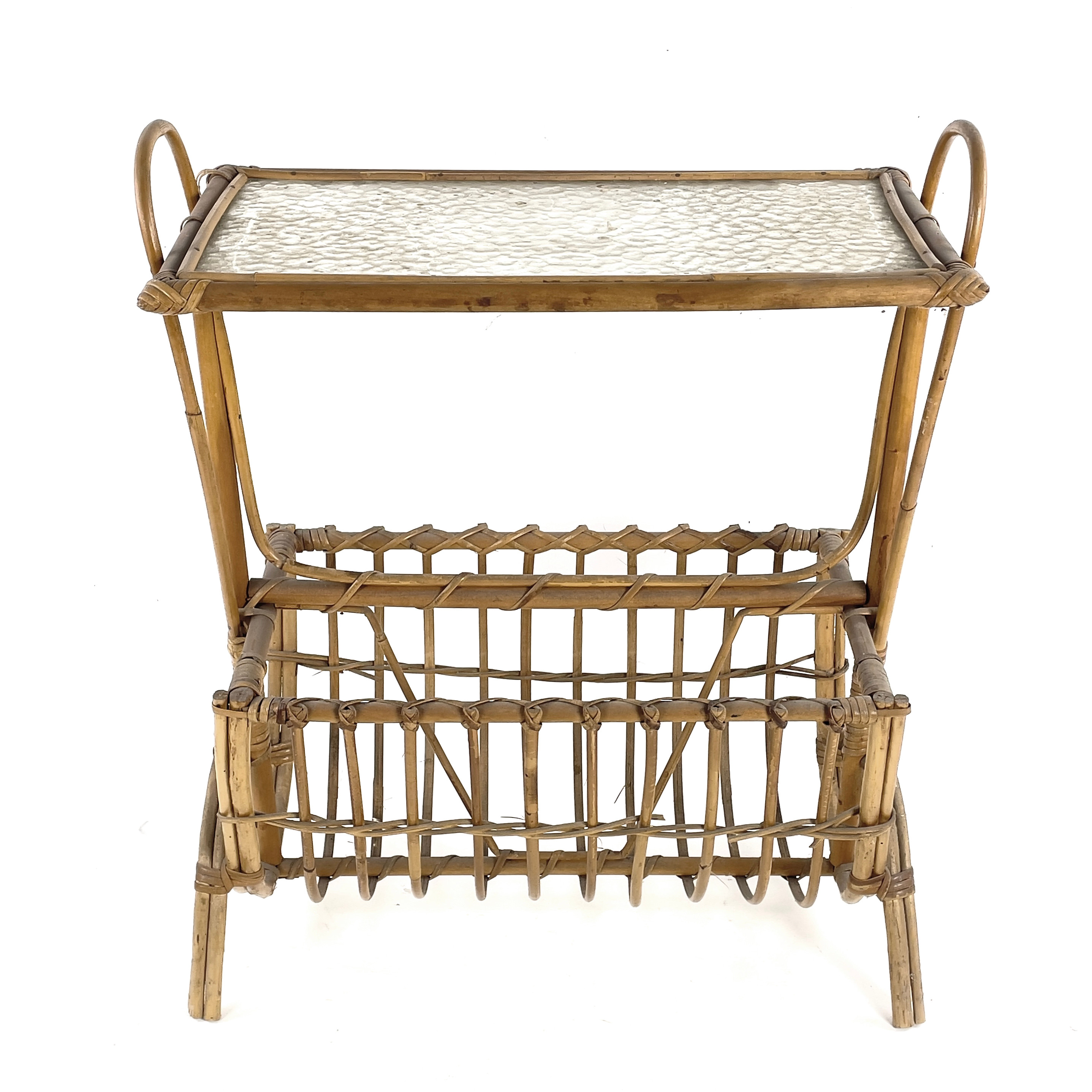 TIDNINGSSTÄLL, bambu/rotting/glas, 1900-talets mitt.